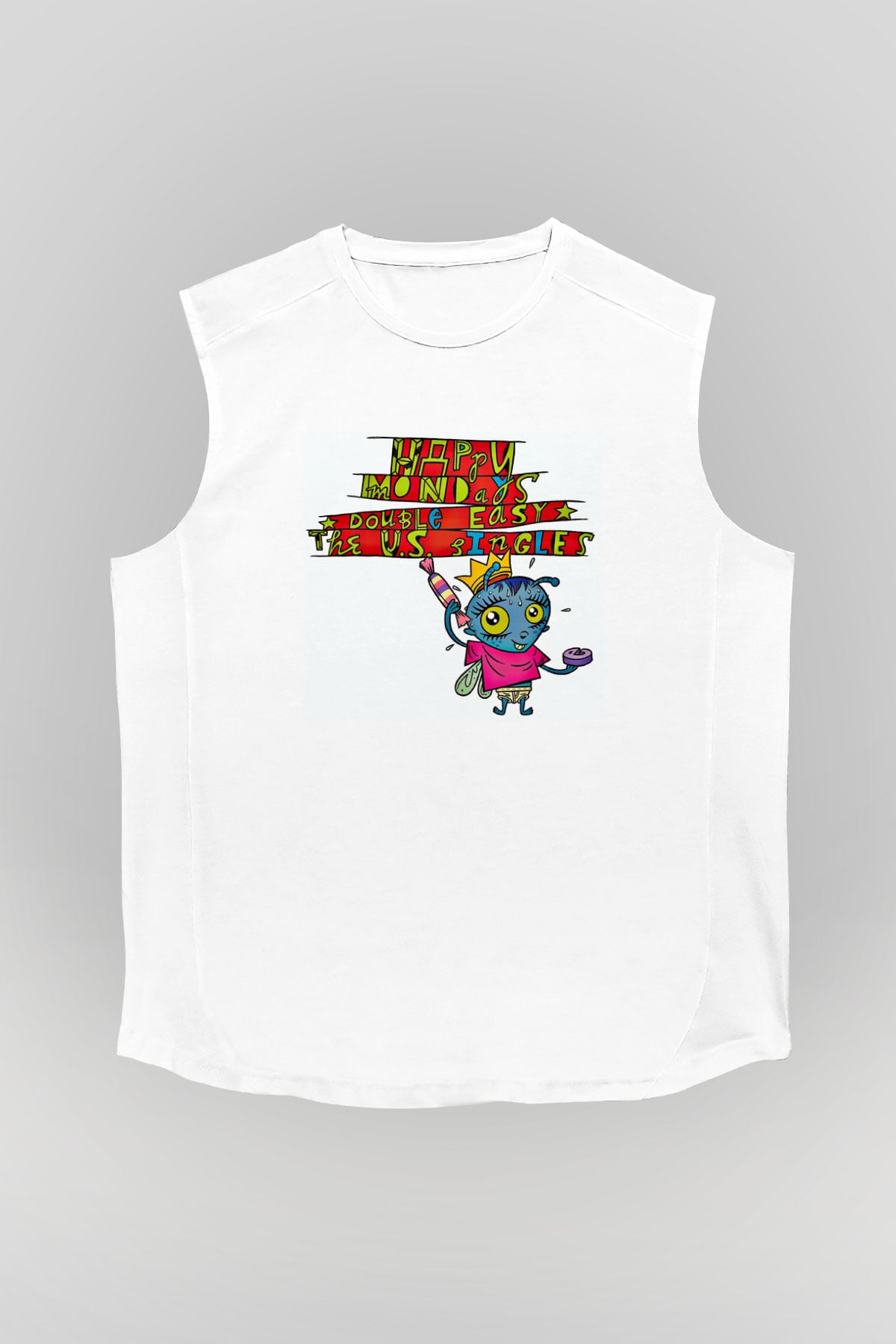 Happy Mondays Baskılı Unisex Beyaz Kolsuz Tişört