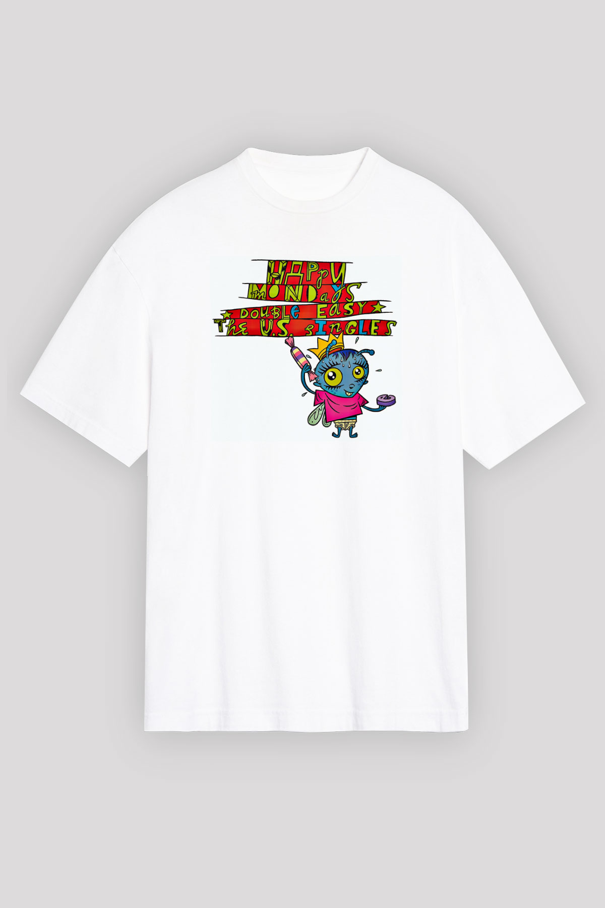 Happy Mondays Baskılı Unisex Beyaz Oversize Tişört