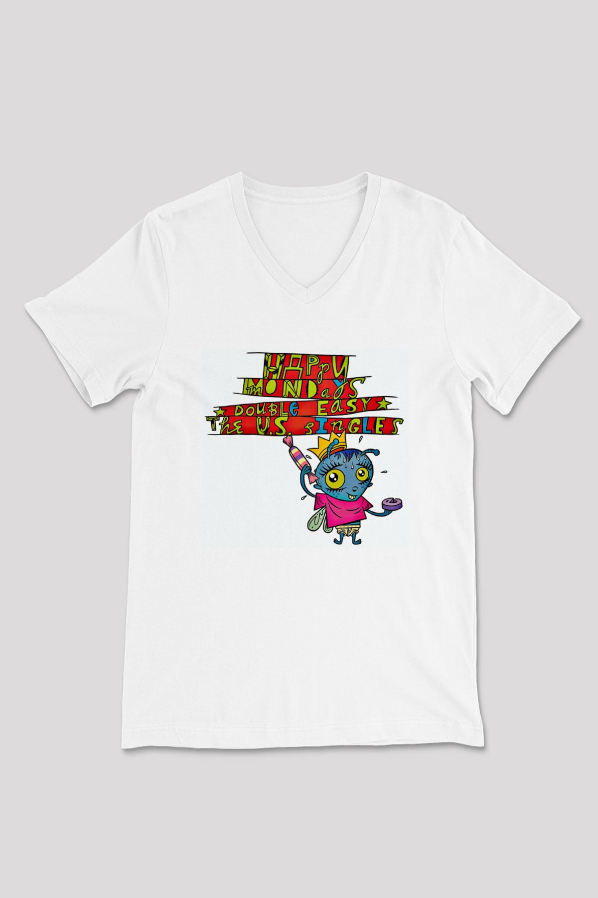 Happy Mondays Baskılı Unisex Beyaz V Yaka Tişört