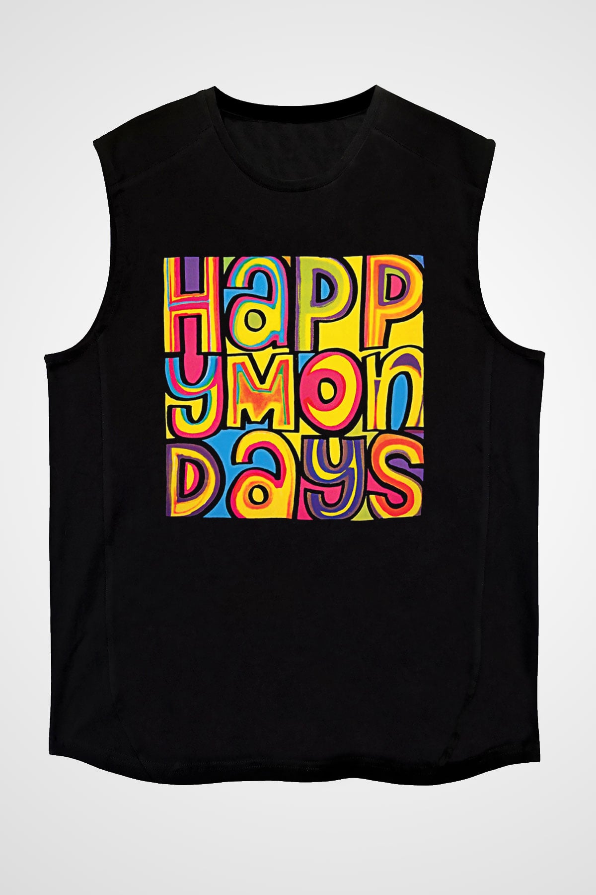 Happy Mondays Baskılı Unisex Siyah Kolsuz Tişört - Tshirt