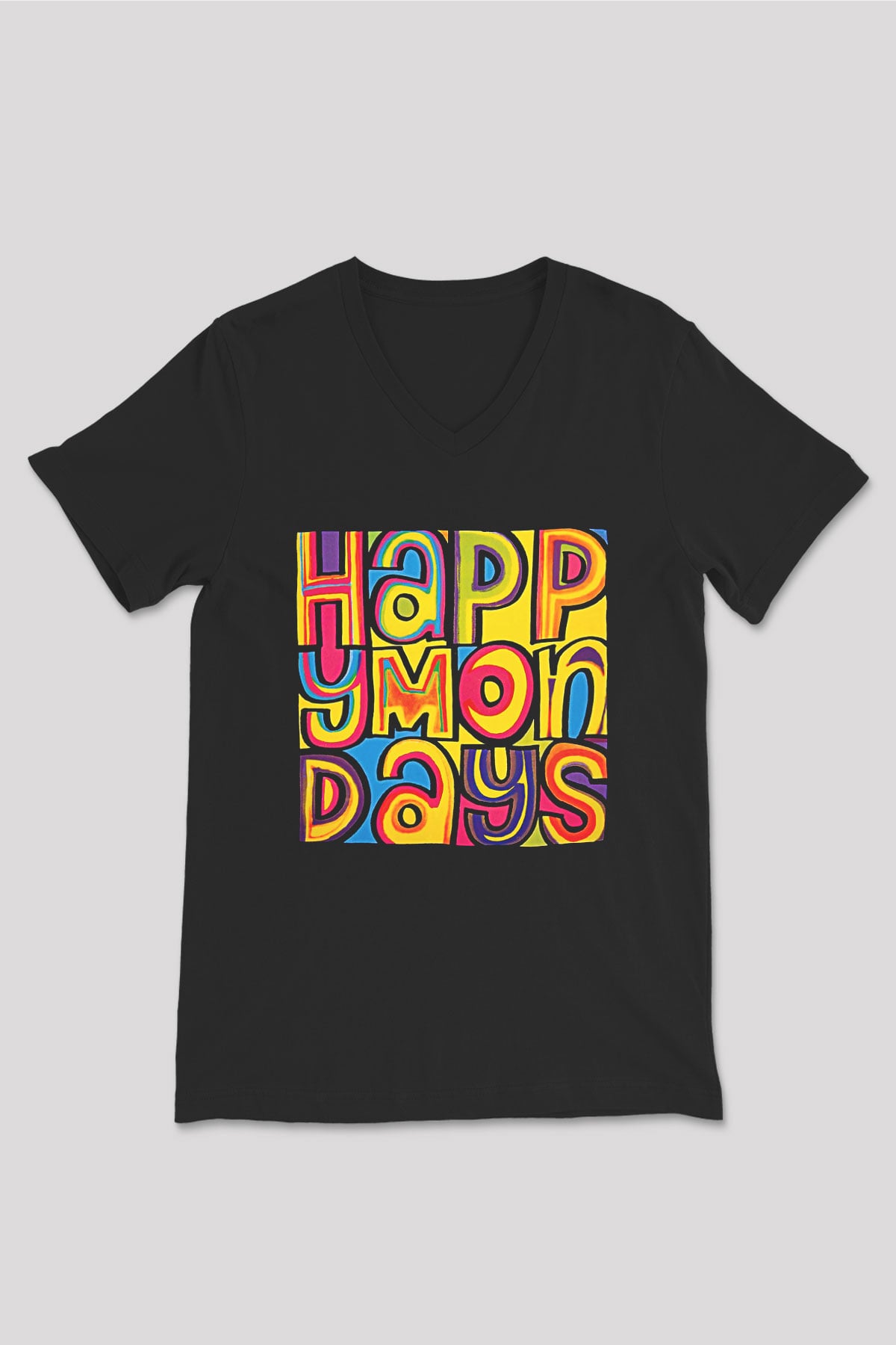Happy Mondays Baskılı Unisex Siyah V Yaka Tişört - Tshirt
