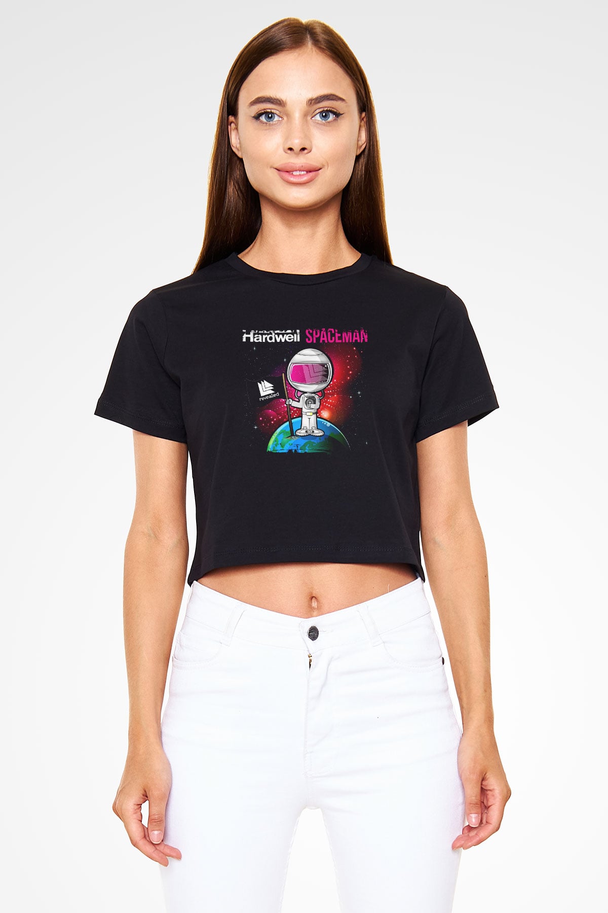 Hardwell Baskılı Crop Top Siyah Kadın Tişört