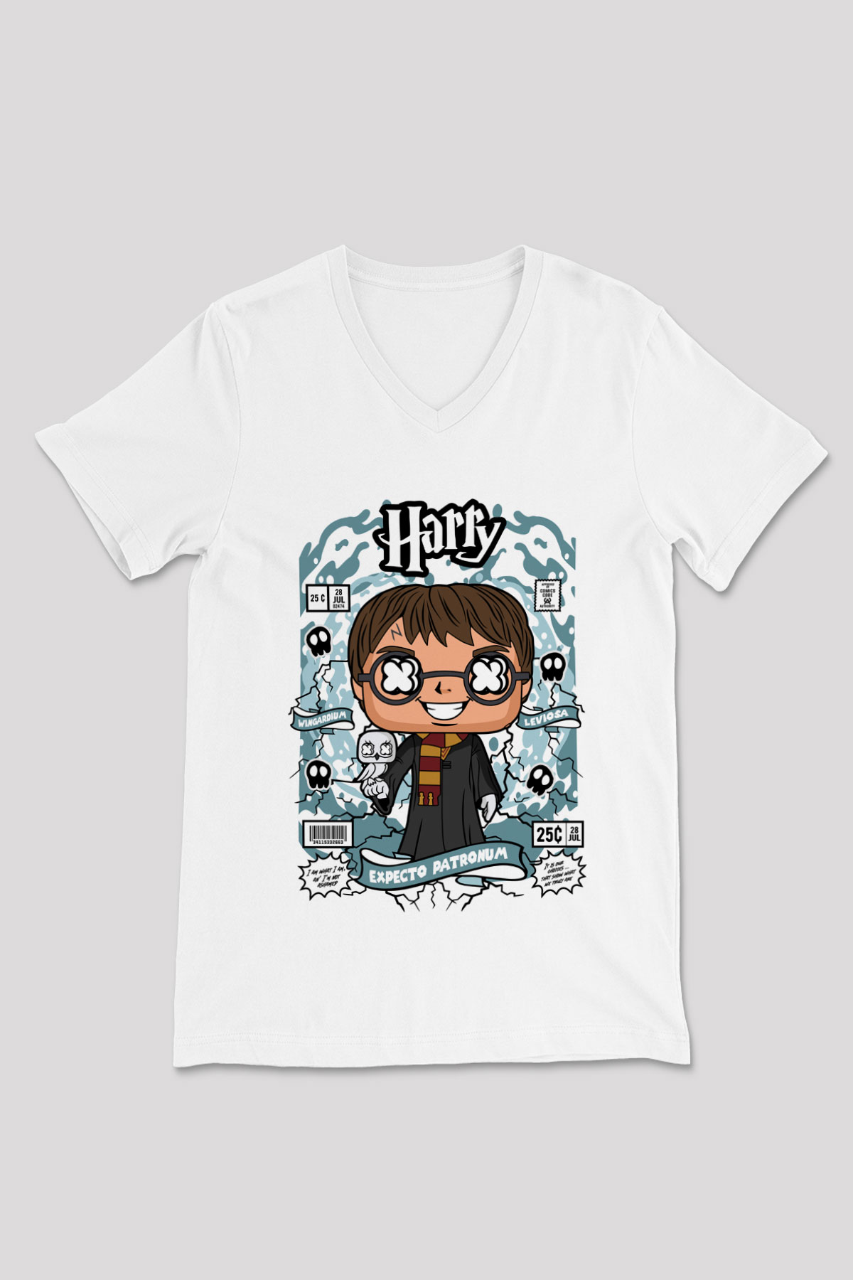 Harry Baskılı Unisex Beyaz V Yaka Tişört
