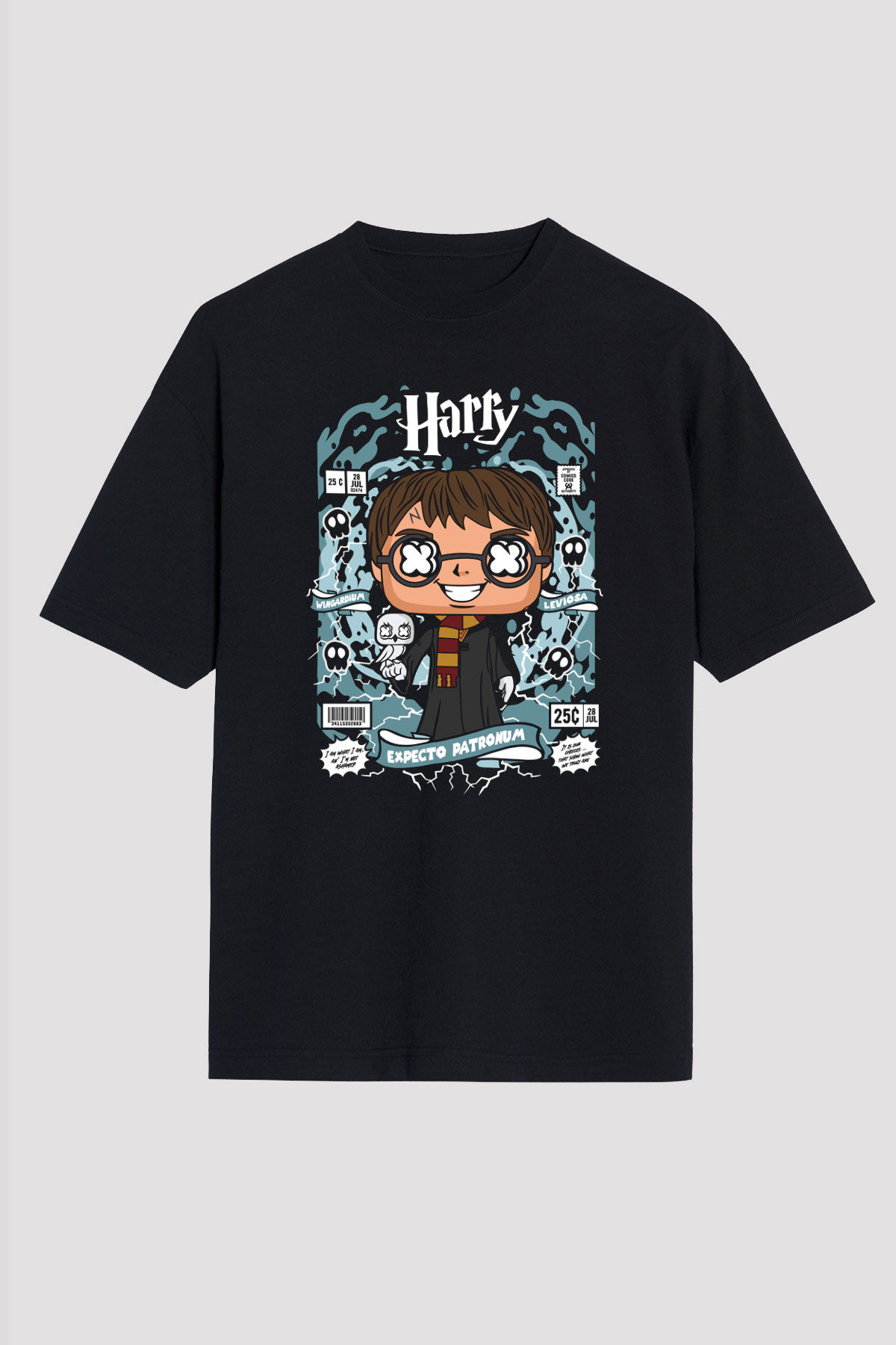 Harry Baskılı Unisex Siyah Oversize Tişört