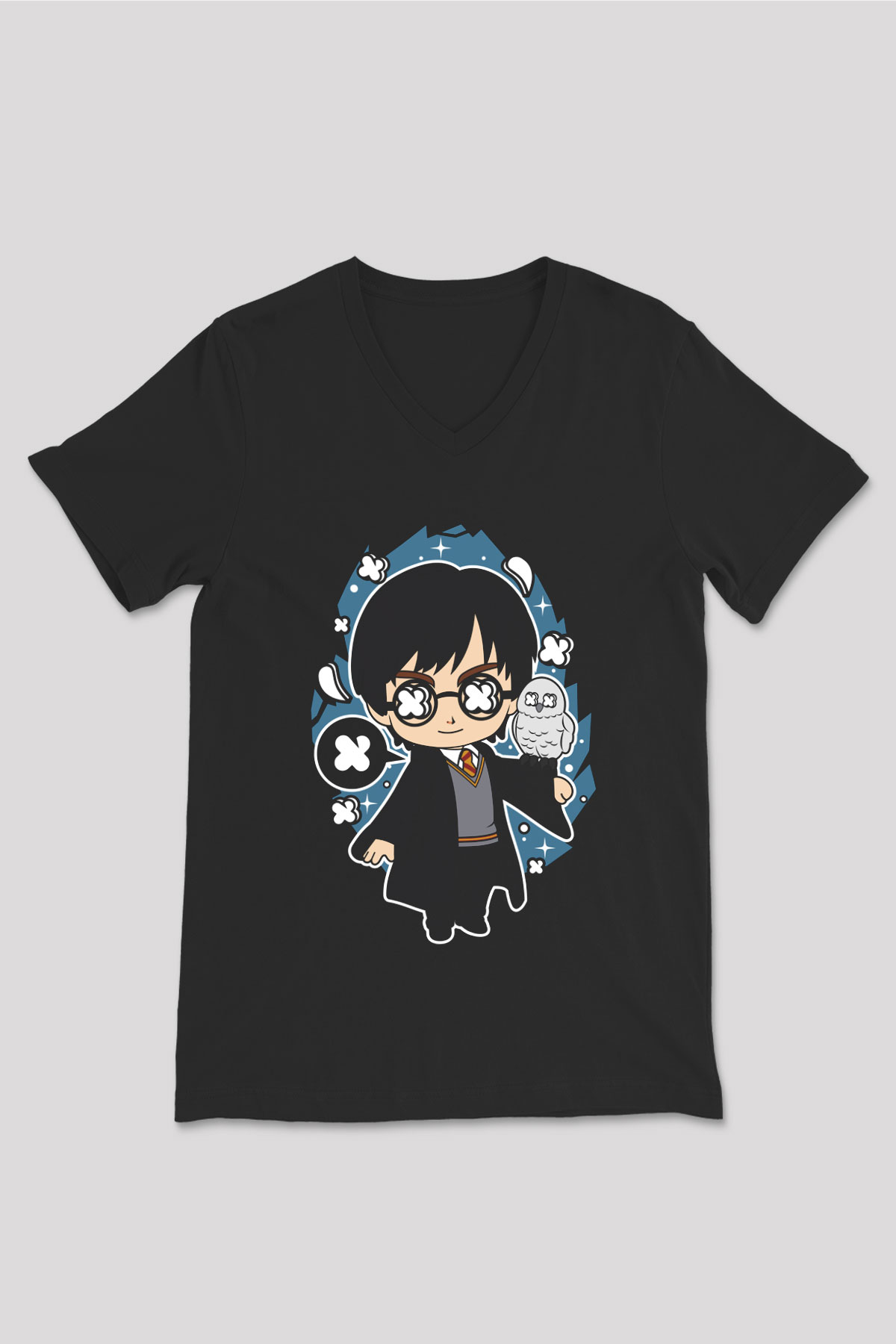 Harry Baskılı Unisex Siyah V Yaka Tişört