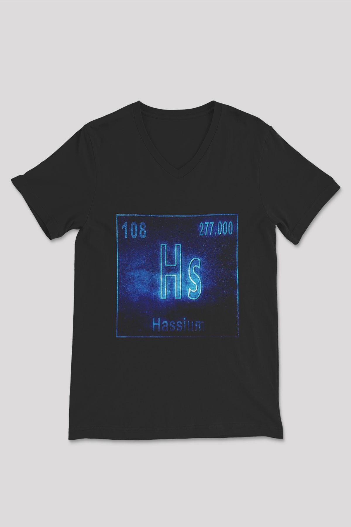 Hassiyum Atom Numarası Baskılı Unisex Siyah V Yaka Tişört