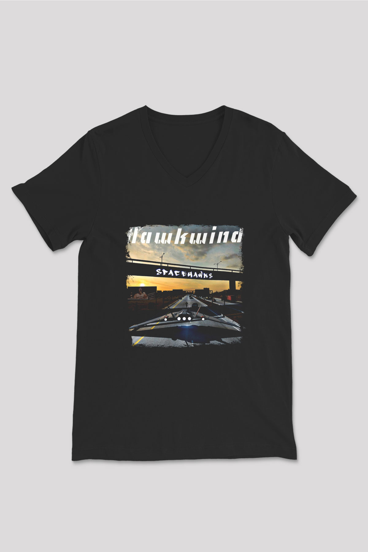 Hawkwind Baskılı Unisex Siyah V Yaka Tişört