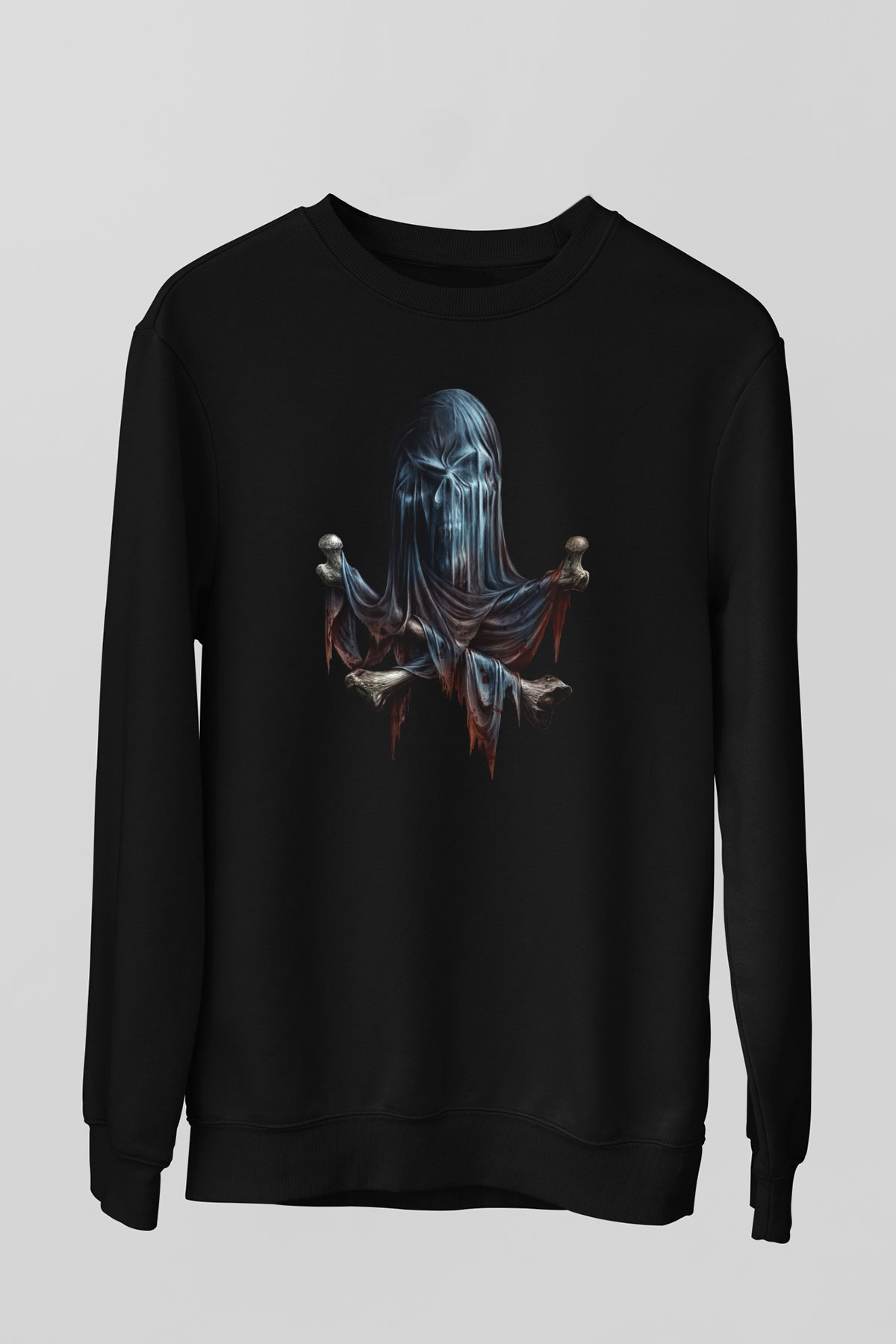 Hayalet Kurukafa Baskılı Siyah  Sweatshirt