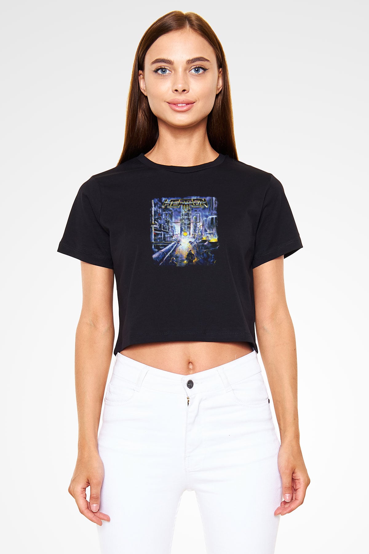 Heathen Baskılı Unisex Siyah Crop Top Tişört