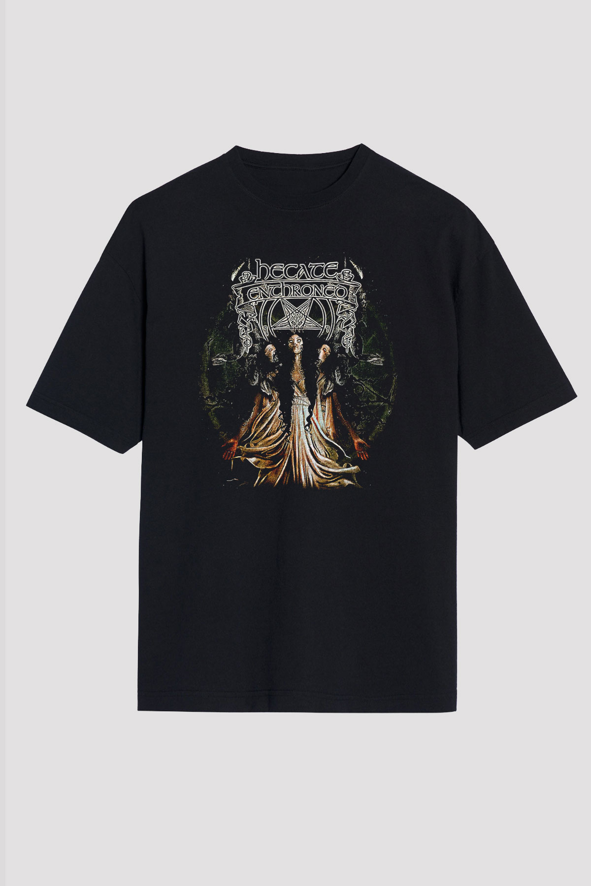Hecate Enthroned Baskılı Unisex Siyah Oversize Tişört - Tshirt
