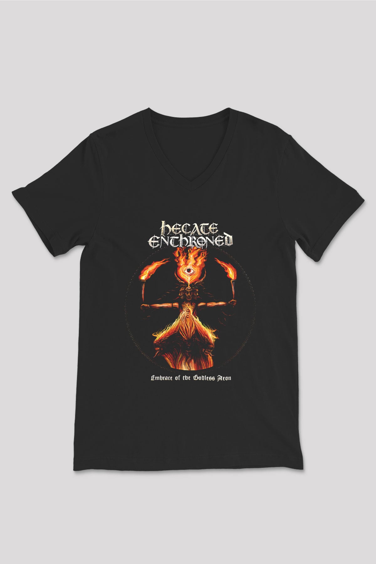 Hecate Enthroned Baskılı Unisex Siyah V Yaka Tişört - Tshirt