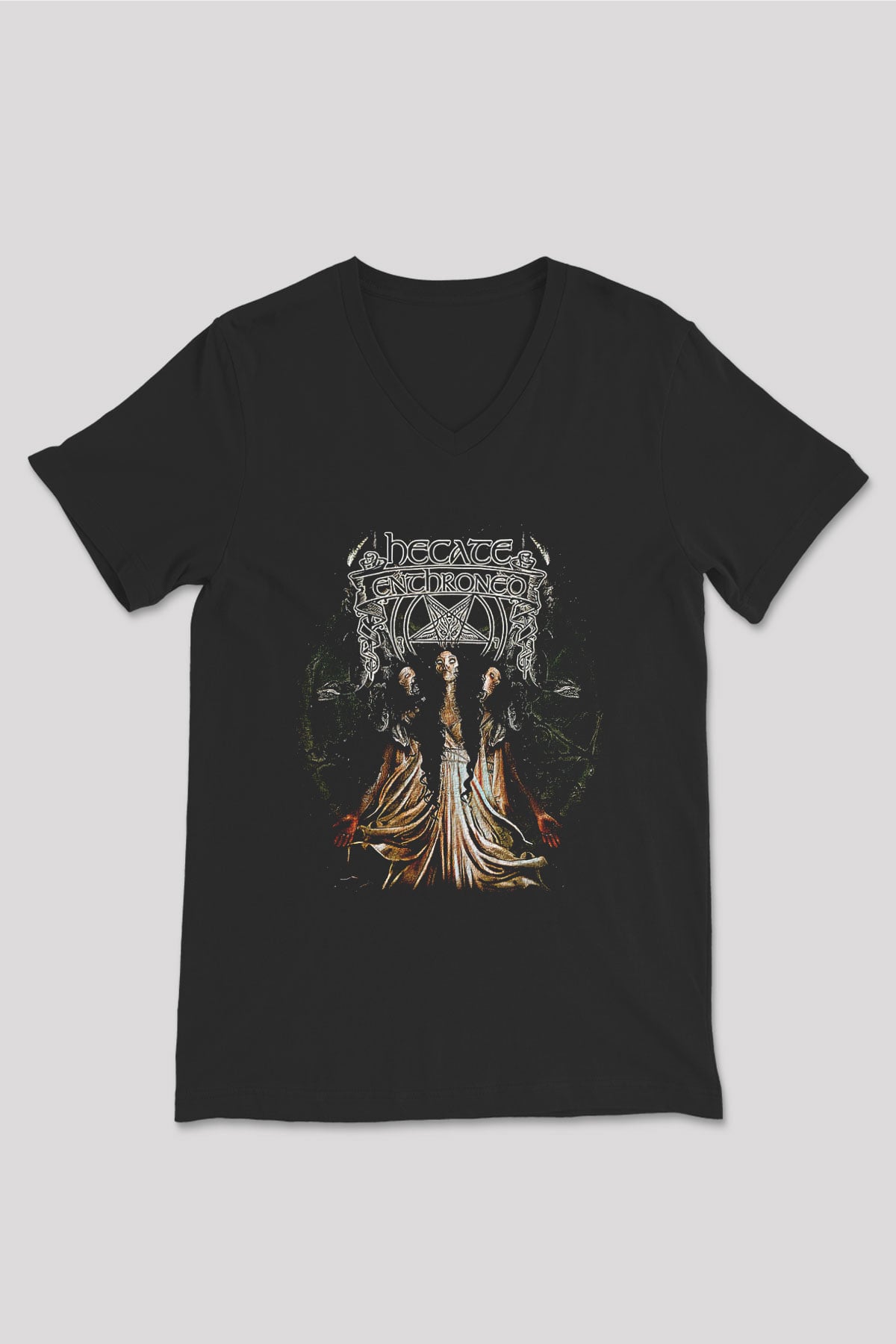 Hecate Enthroned Baskılı Unisex Siyah V Yaka Tişört - Tshirt