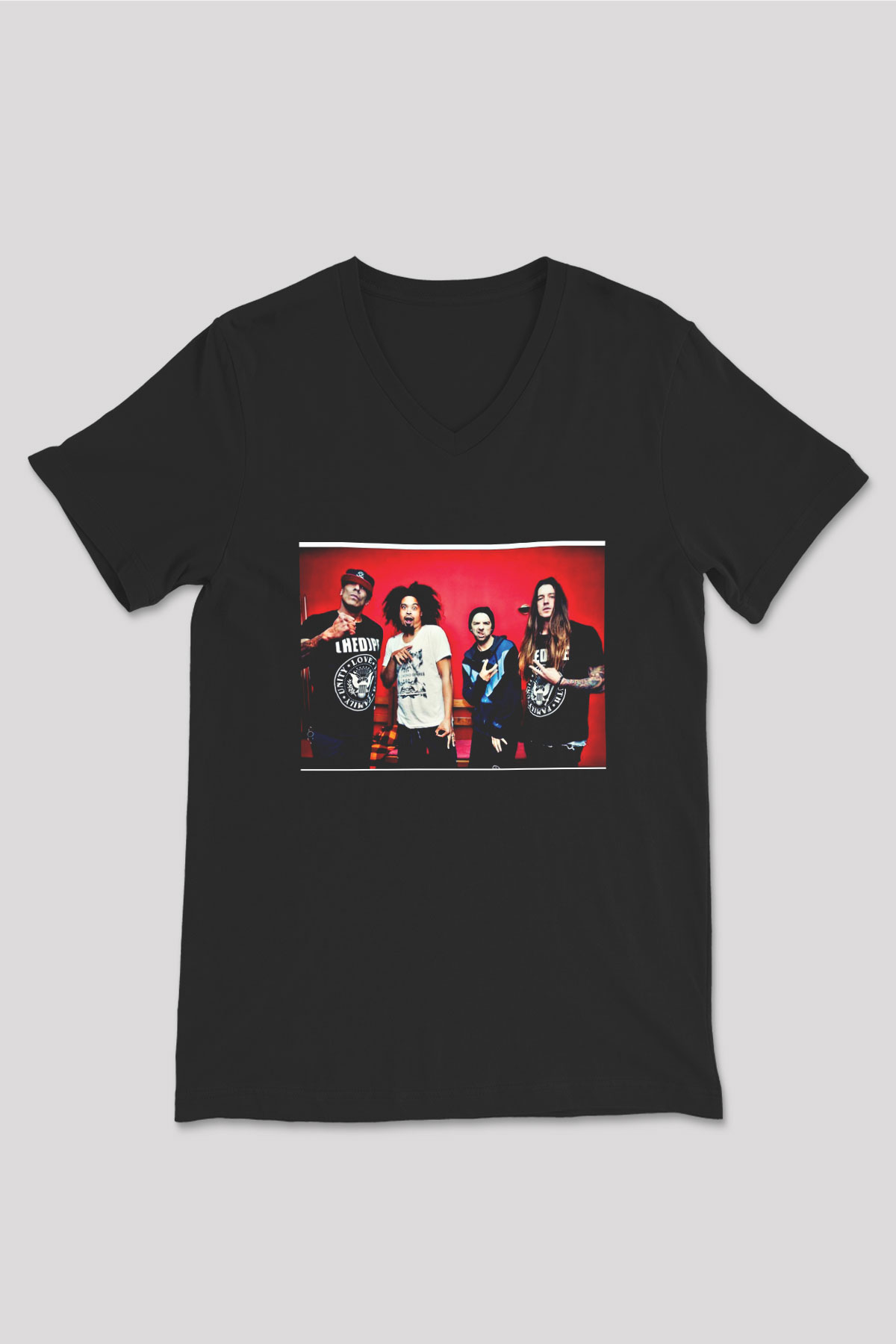 Hed PE Baskılı Unisex Siyah V Yaka Tişört