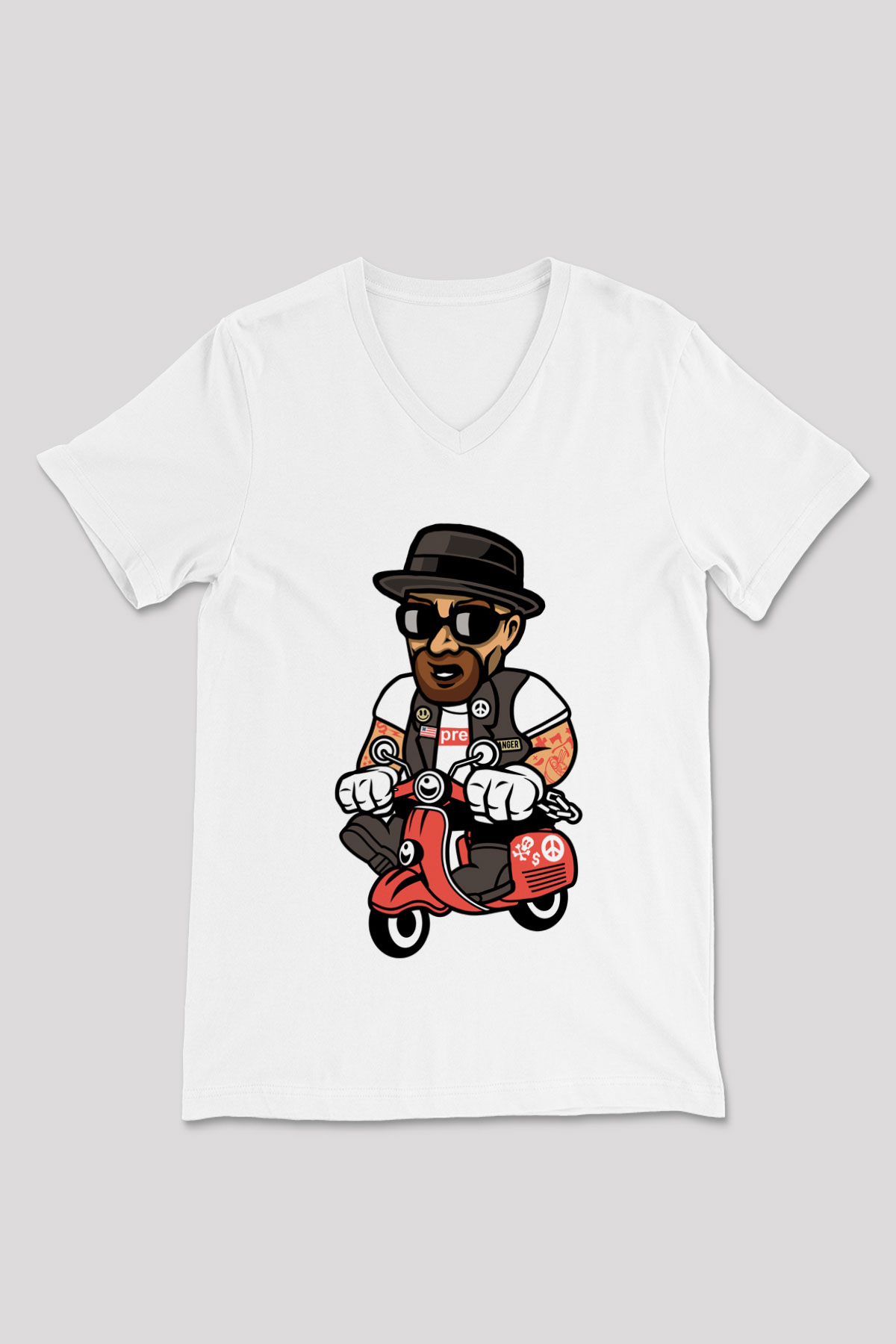 Heisenberg Scooter Baskılı Unisex Beyaz V Yaka Tişört