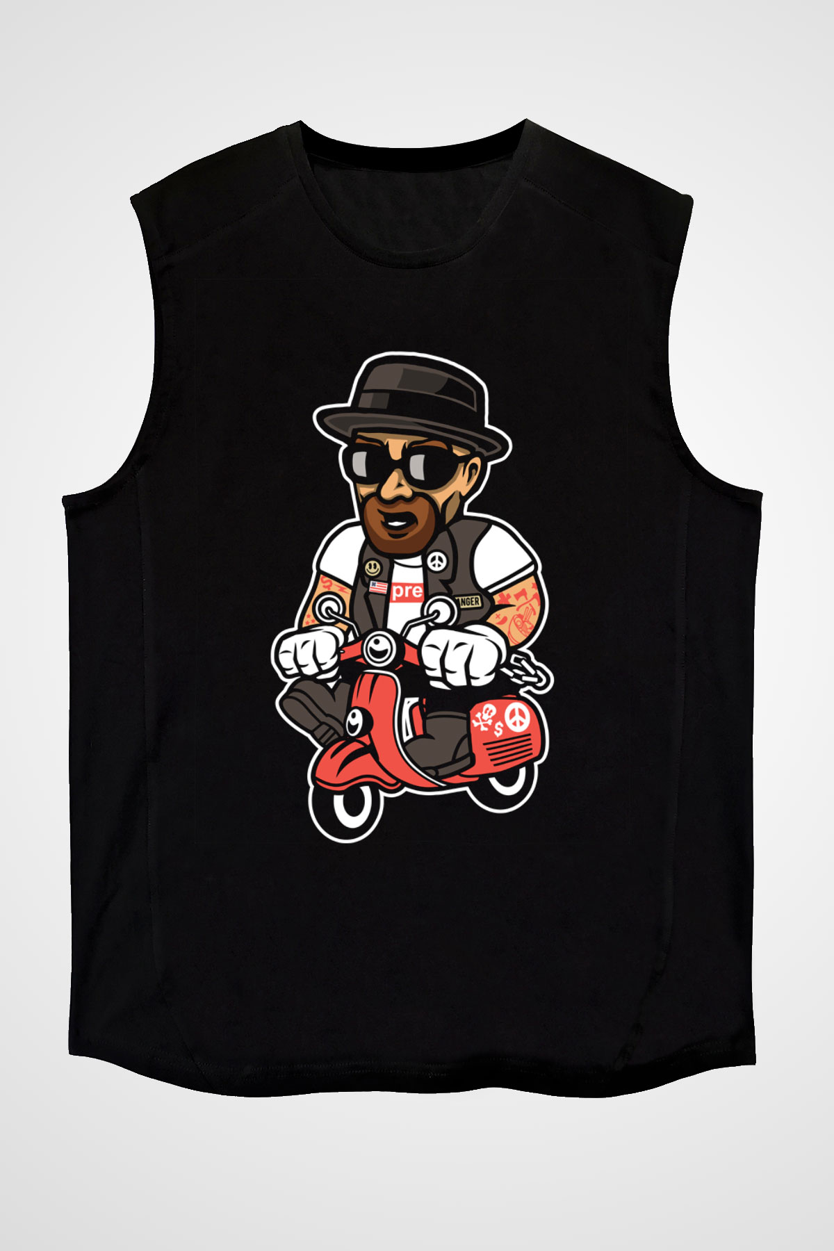 Heisenberg Scooter Baskılı Unisex Siyah Kolsuz Tişört