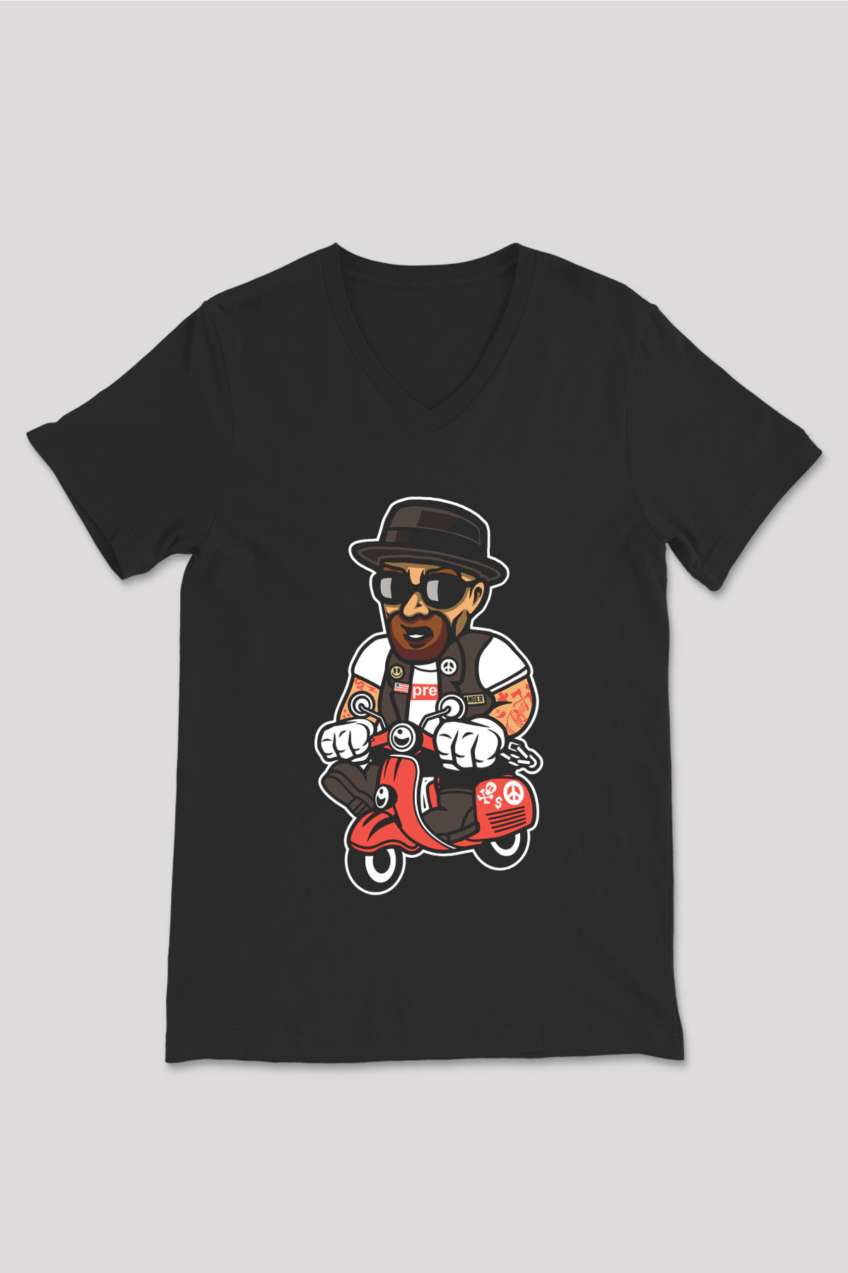 Heisenberg Scooter Baskılı Unisex Siyah V Yaka Tişört