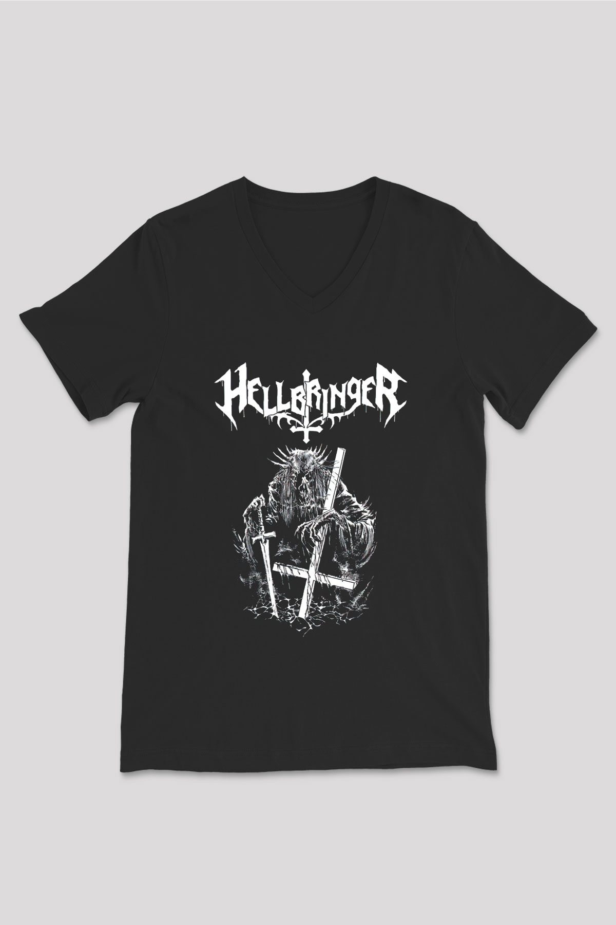 Hellbringer Baskılı Unisex Siyah V Yaka Tişört - Tshirt