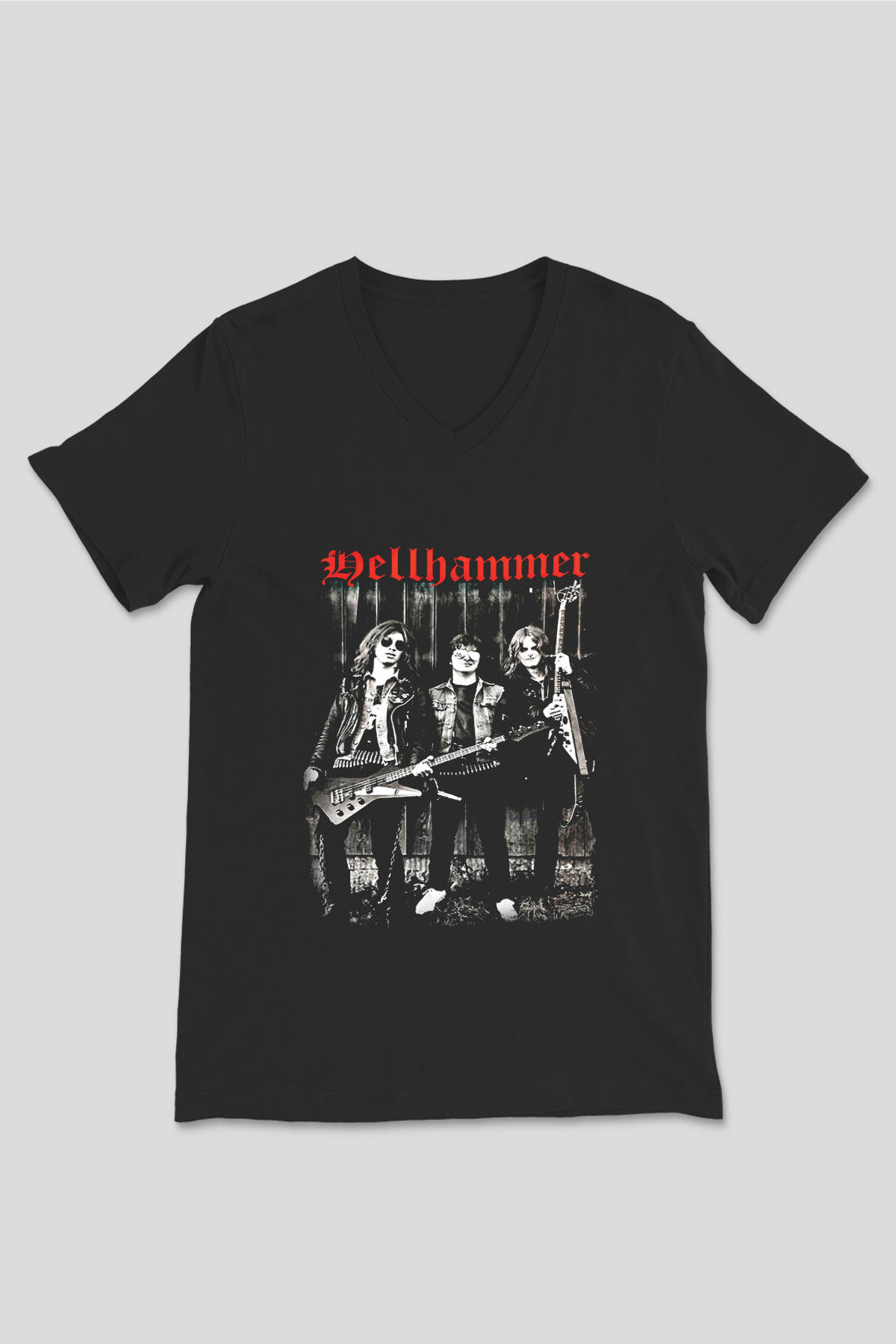 Hellhammer Baskılı Unisex Siyah V Yaka Tişört