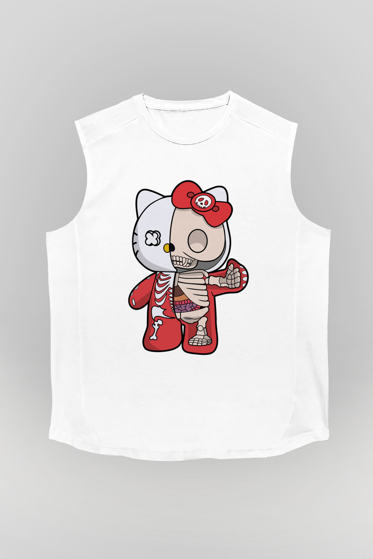 Hello Kity Half Skeleton Baskılı Unisex Beyaz Kolsuz Tişört