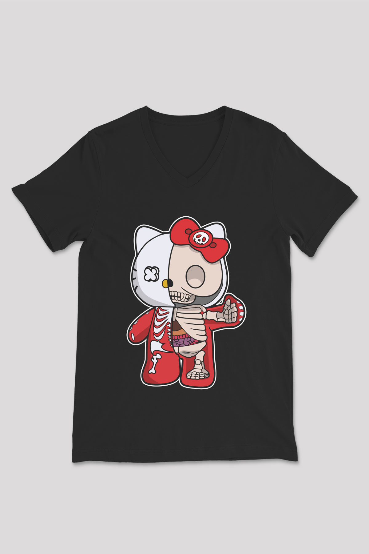 Hello Kity Half Skeleton Baskılı Unisex Siyah V Yaka Tişört