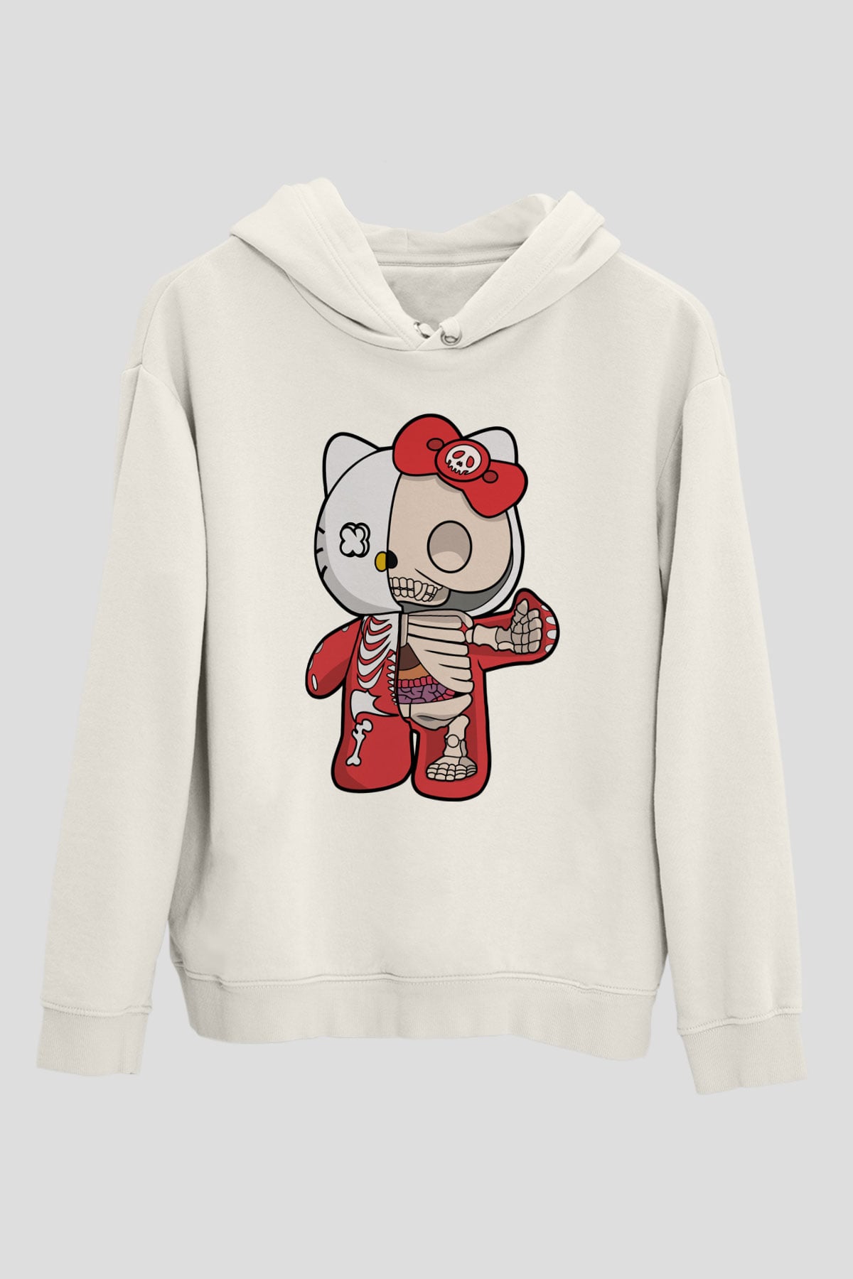 Hello Kity Half Skeleton Baskılı Unisex Beyaz Hoodie