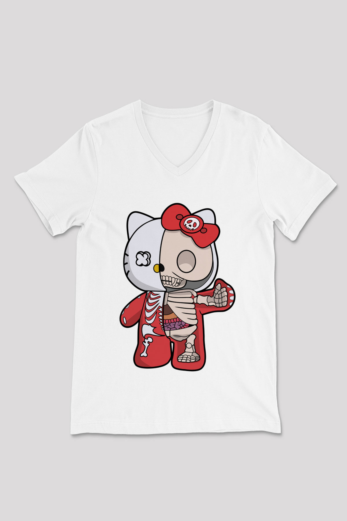 Hello Kity Half Skeleton Baskılı Unisex Beyaz V Yaka Tişört