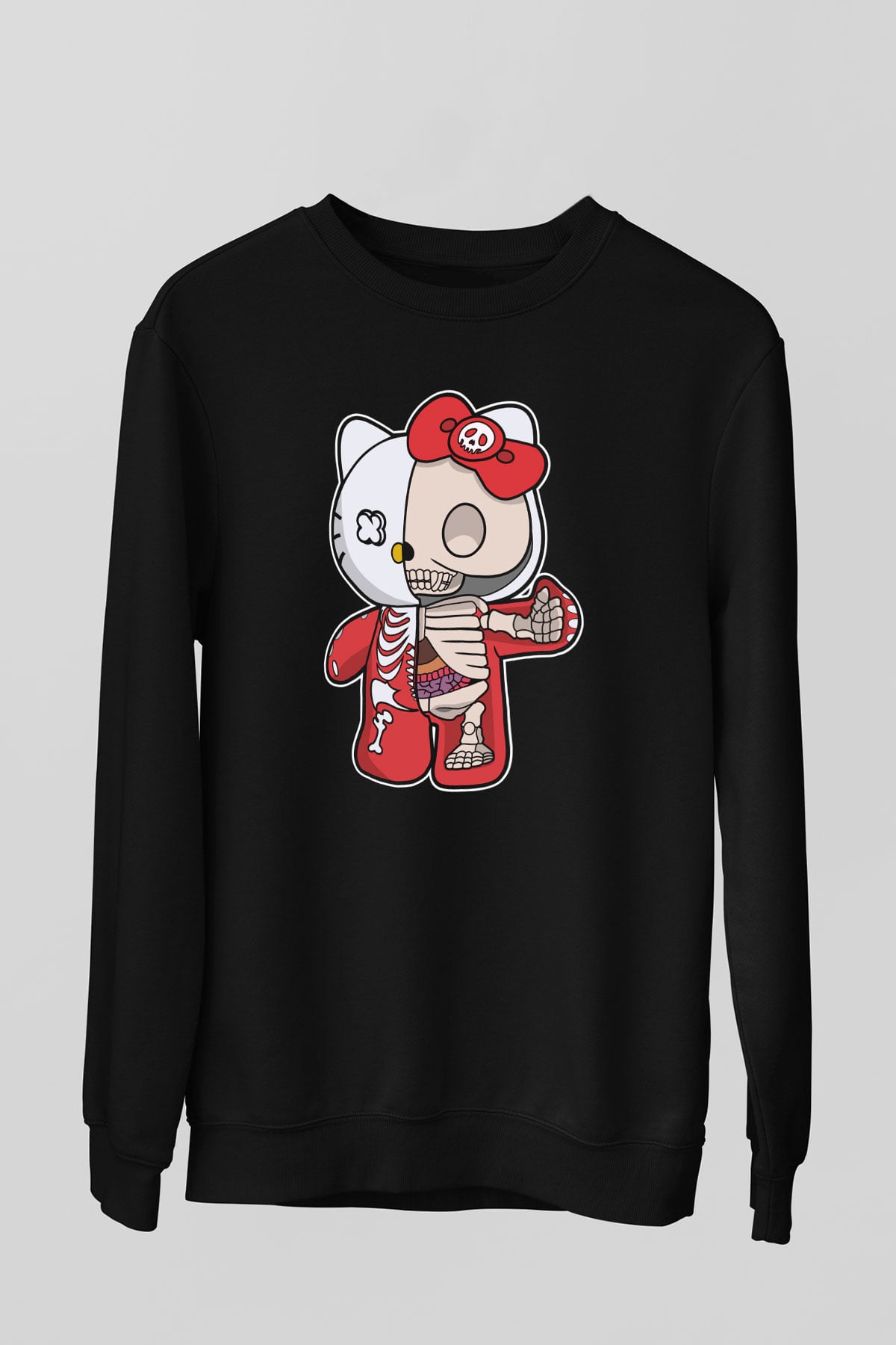 Hello Kity Half Skeleton Baskılı Unisex Siyah Sweatshirt