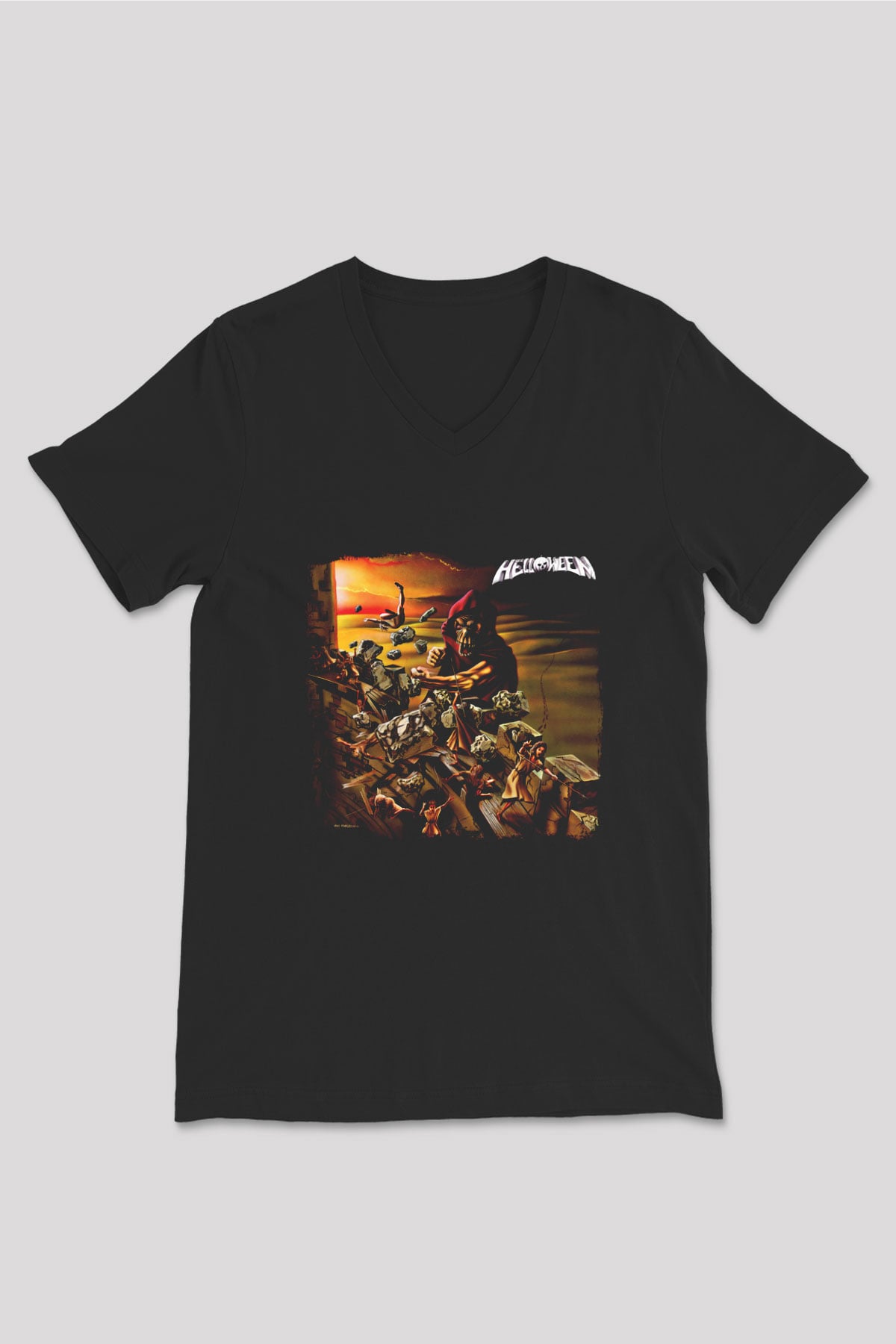 Helloween Baskılı Unisex Siyah V Yaka Tişört
