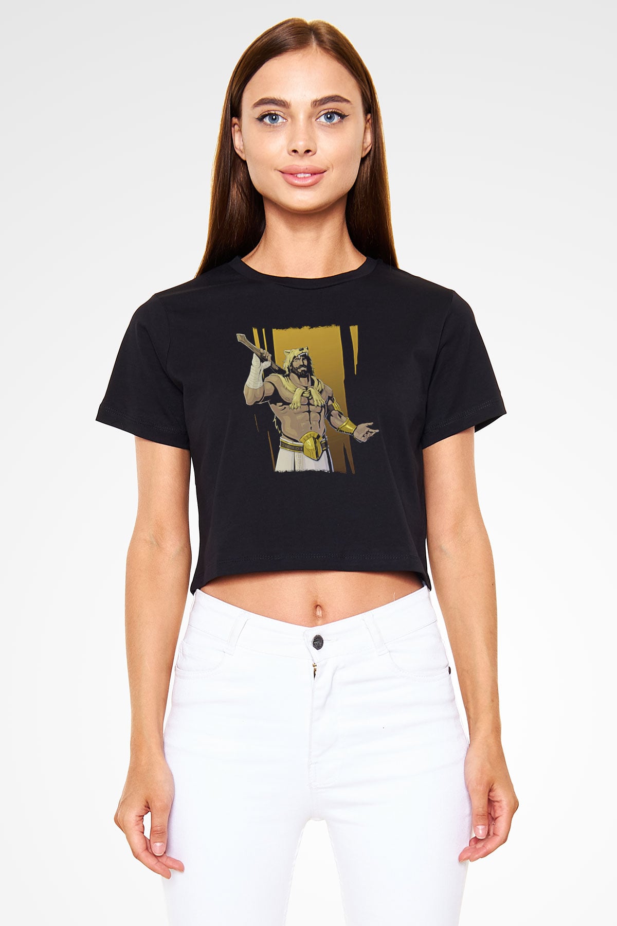 Herkül Baskılı Siyah Crop Top Kadın Tişört - Tshirt