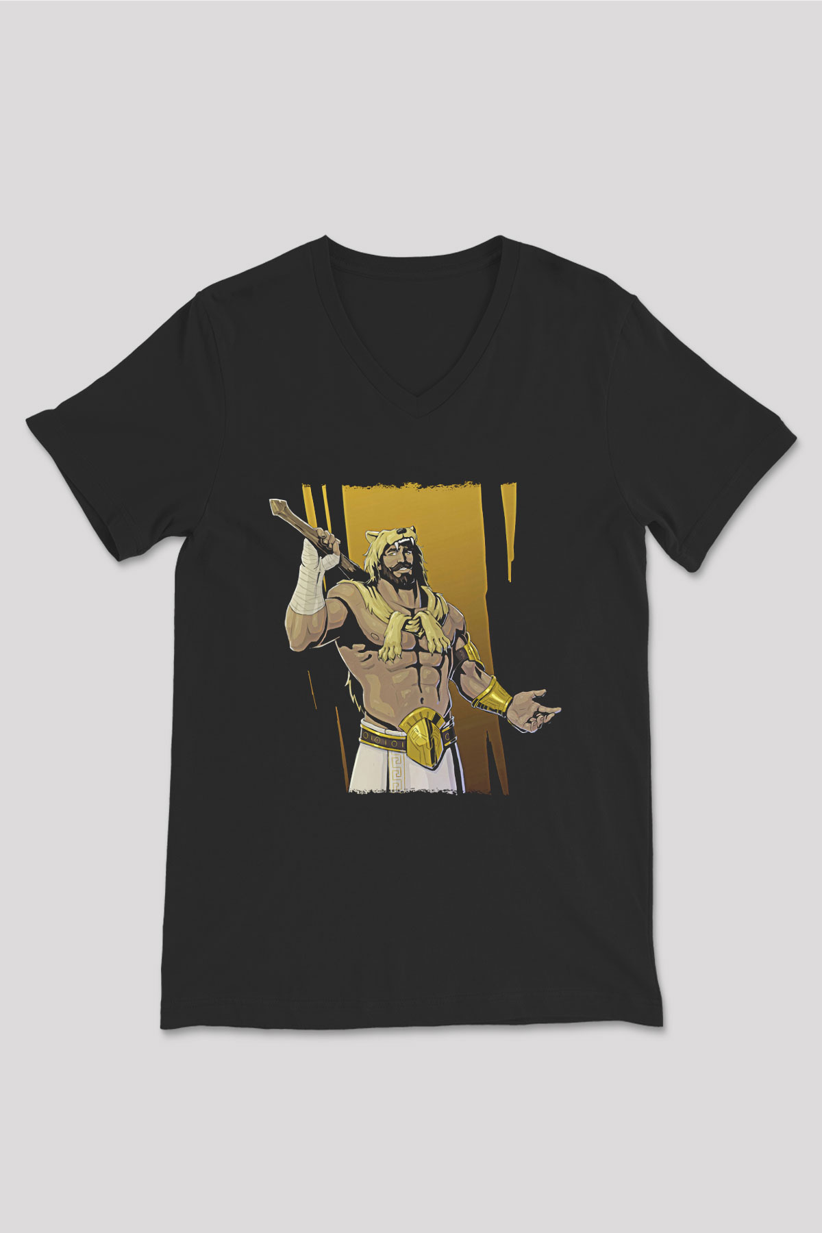 Herkül Baskılı Unisex Siyah V Yaka Tişört - Tshirt