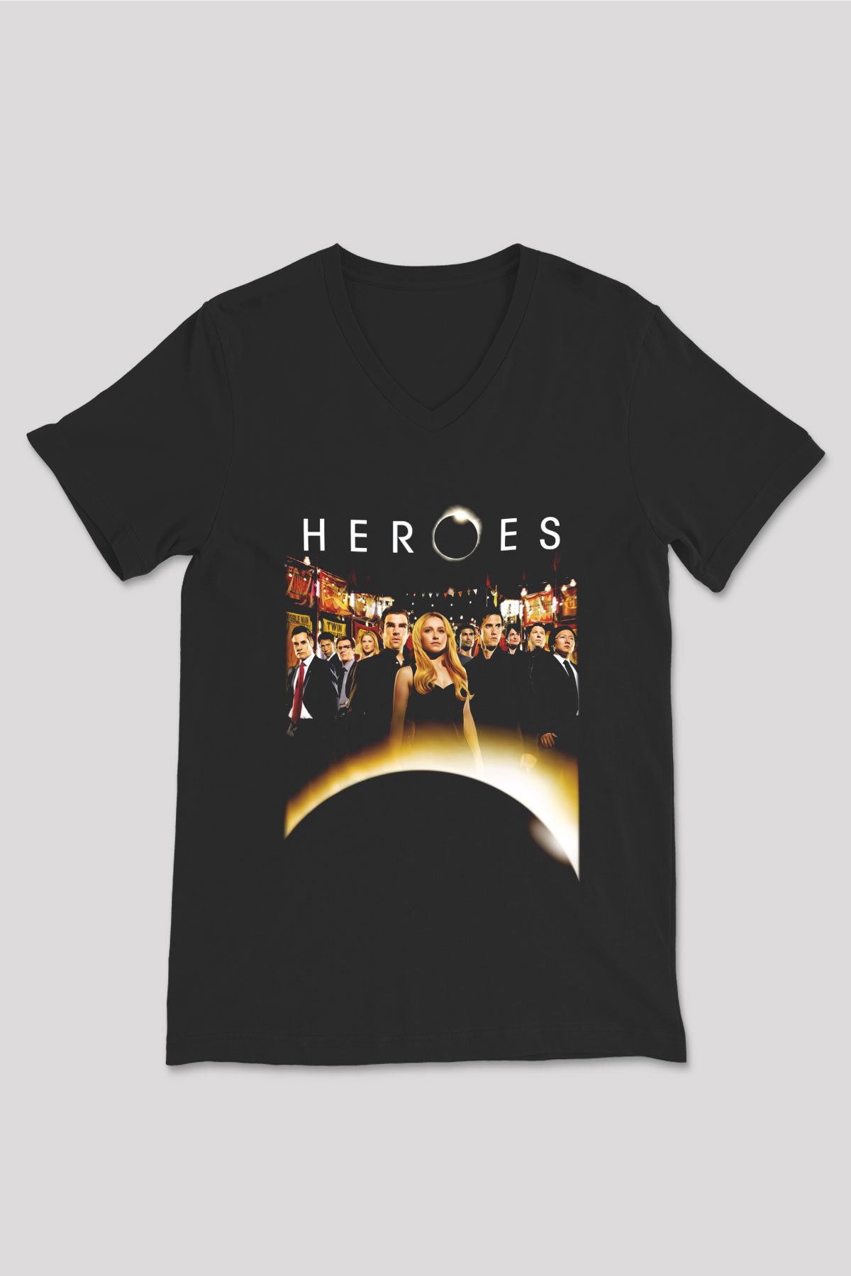 Heroes Siyah Unisex V Yaka Tişört T-Shirt