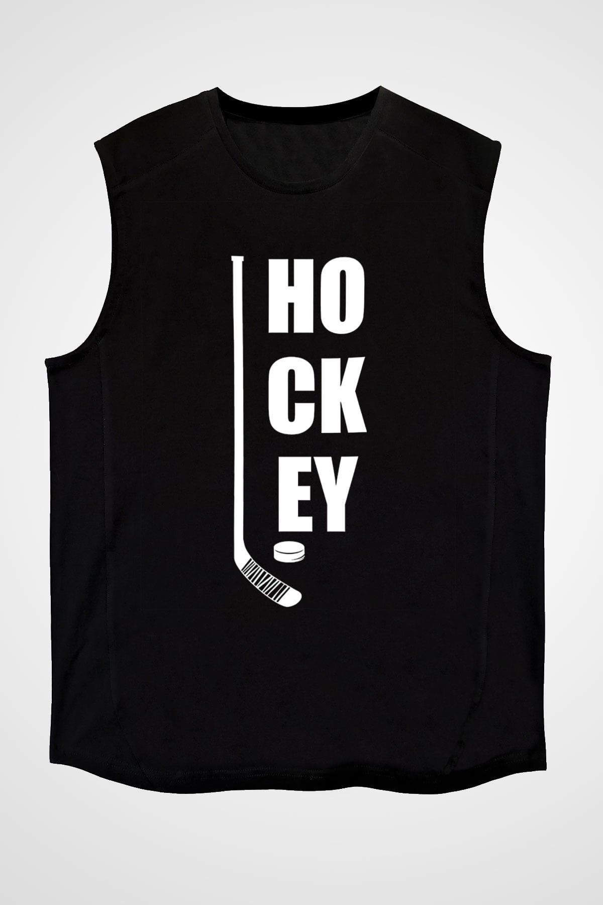 Hokey Baskılı Unisex Siyah Kolsuz Tişört