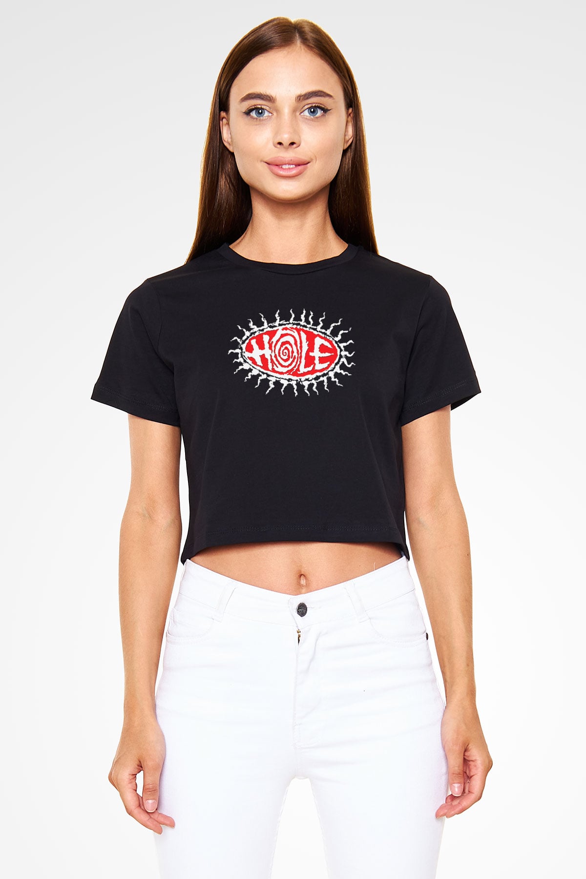 Hole Baskılı Siyah Crop Top Kadın Tişört - Tshirt