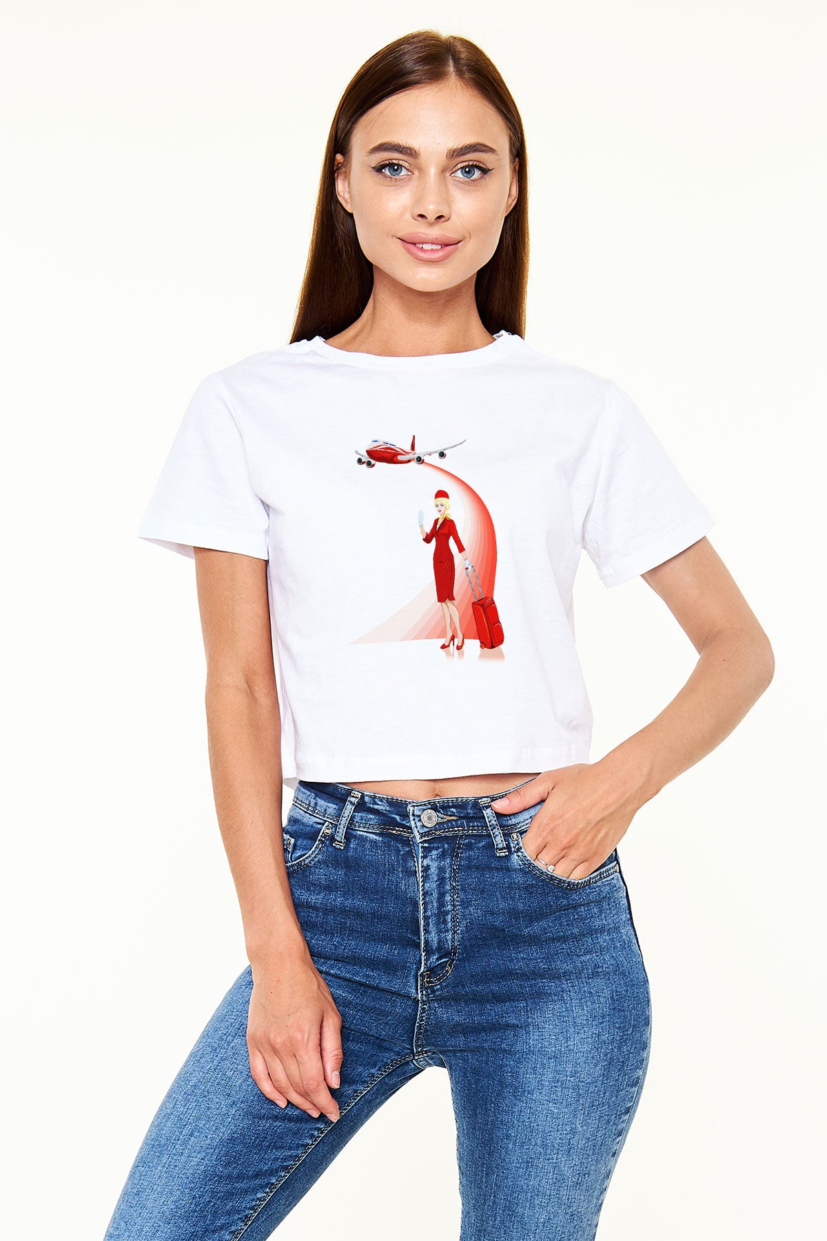 Hostes Beyaz Croptop Tişört