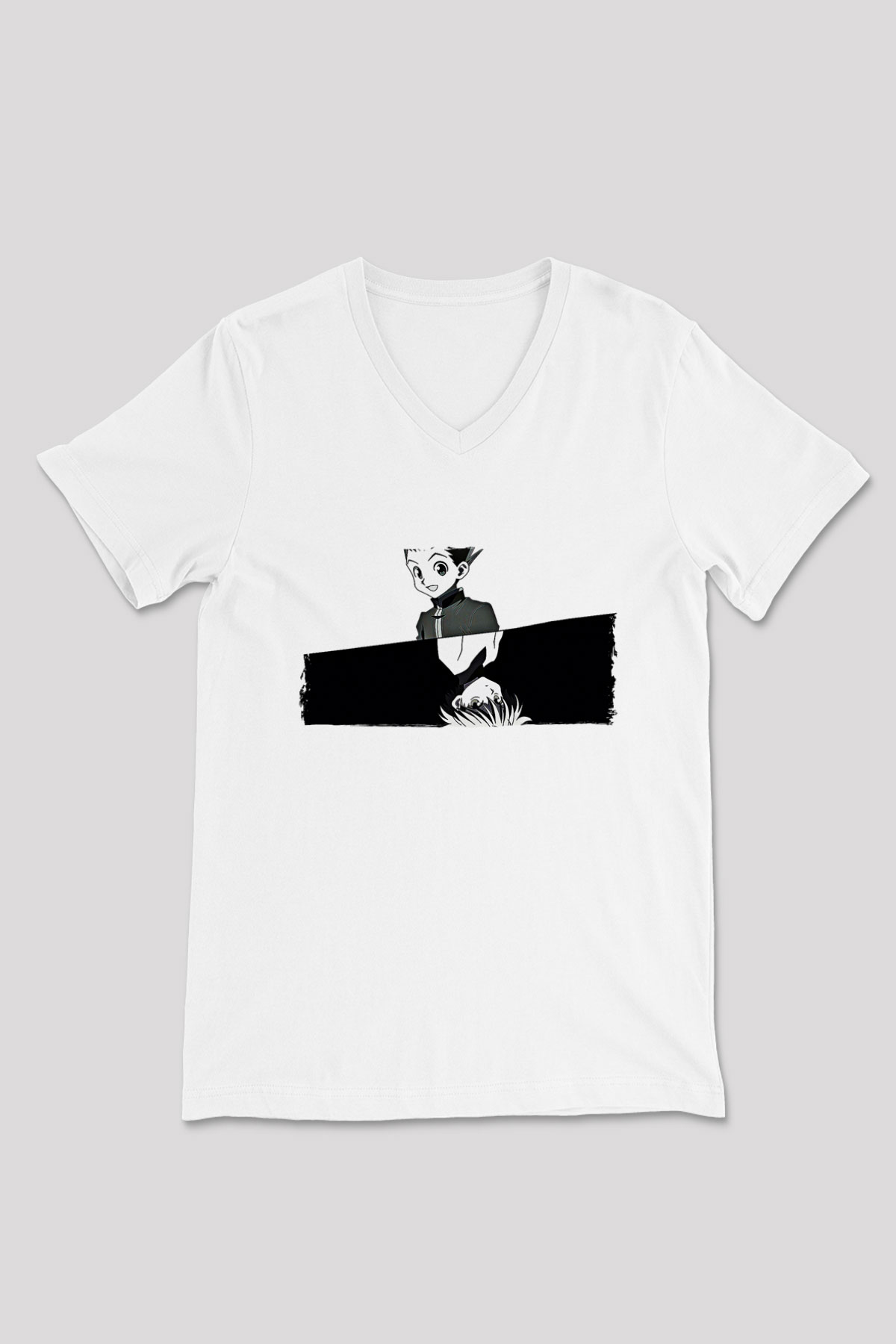Hunter X Hunter Baskılı Beyaz Unisex V Yaka Tişört - Tshirt