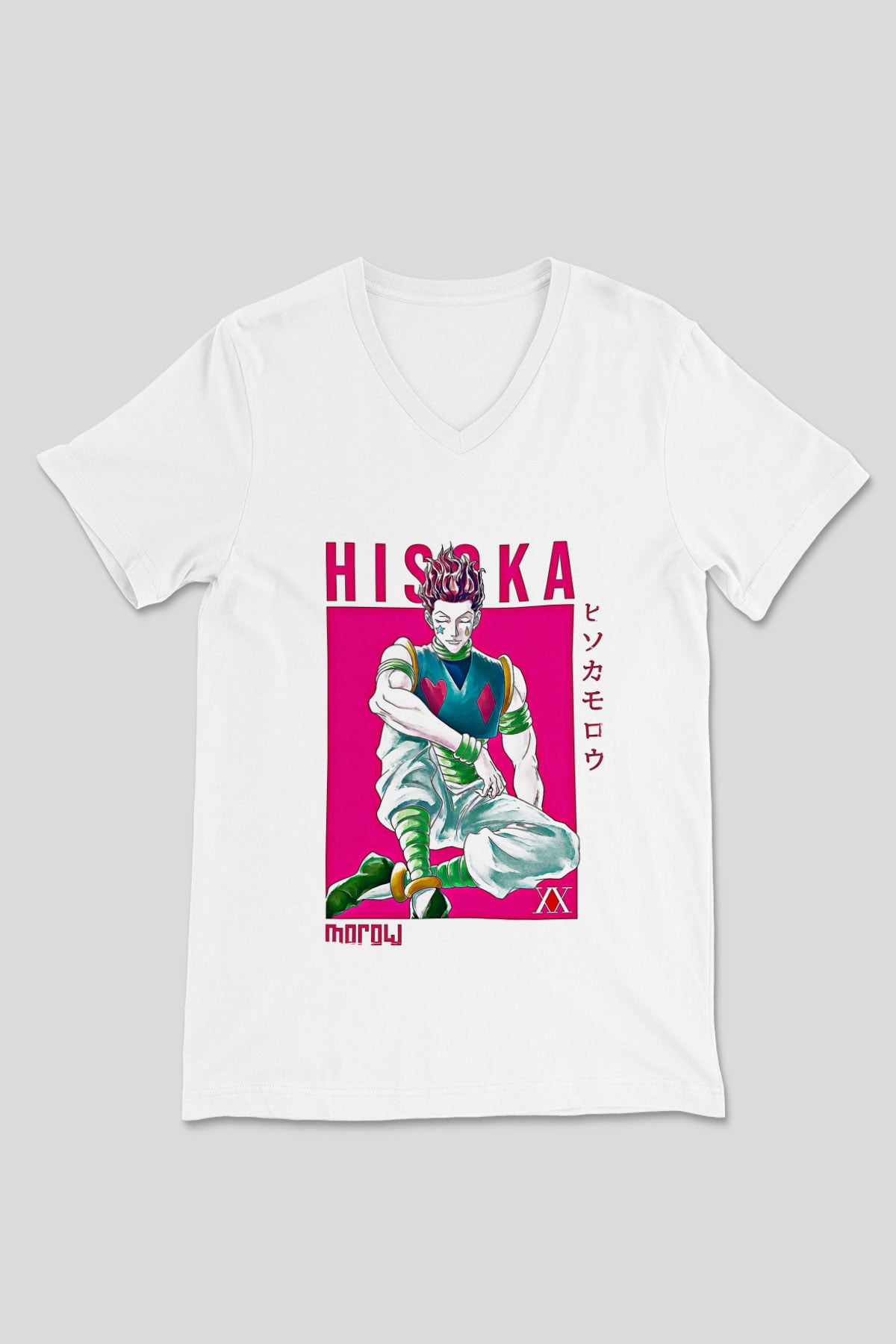Hunter X Hunter Baskılı Beyaz Unisex V Yaka Tişört - Tshirt