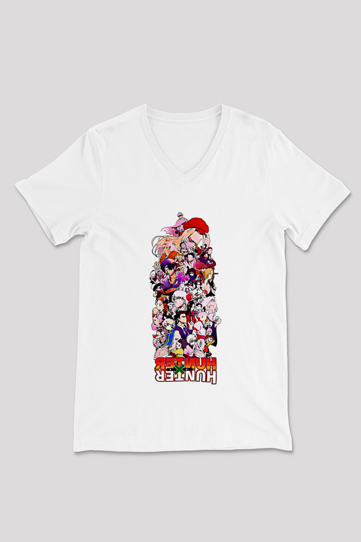 Hunter X Hunter Baskılı Beyaz Unisex V Yaka Tişört - Tshirt