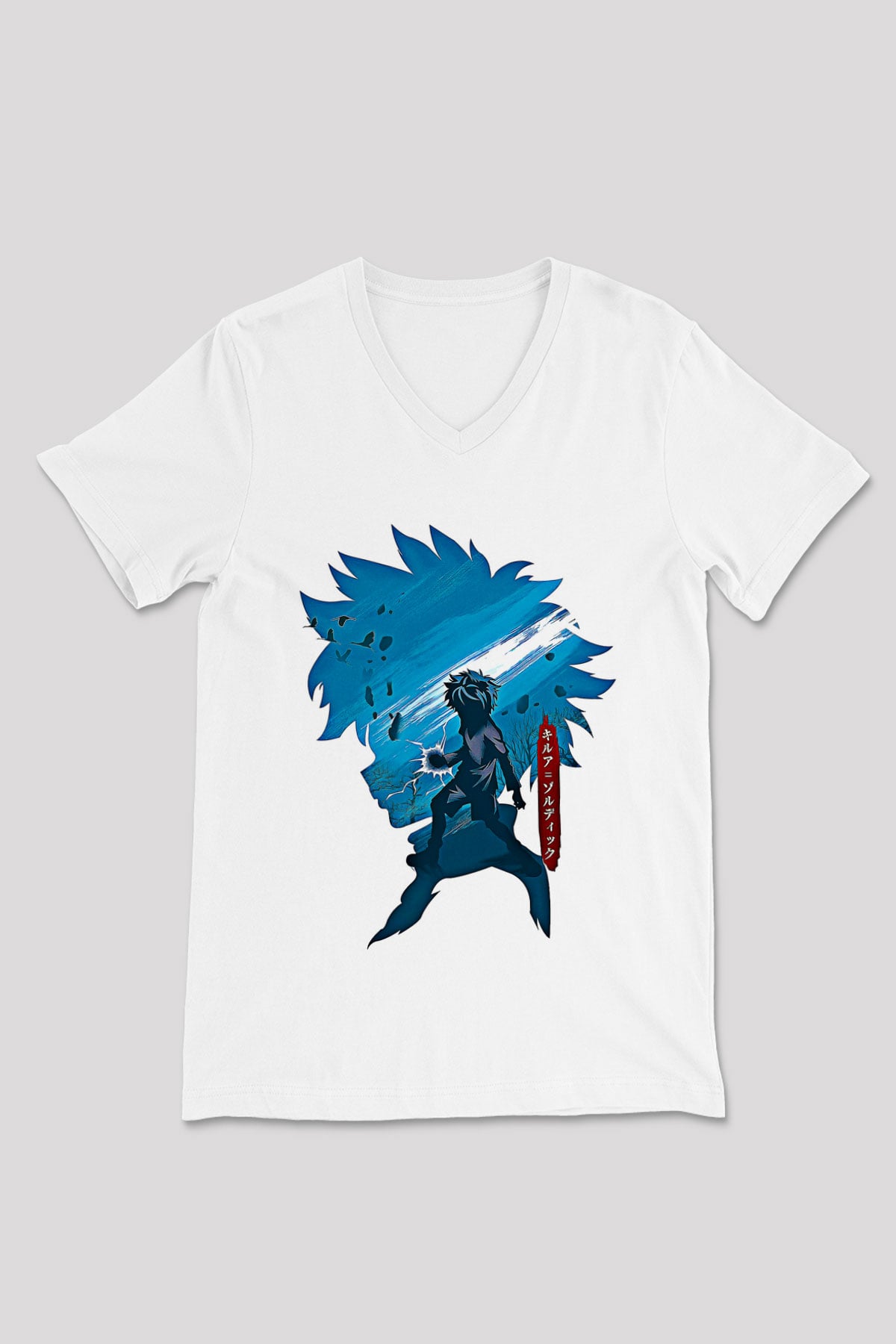 Hunter X Hunter Baskılı Beyaz Unisex V Yaka Tişört - Tshirt