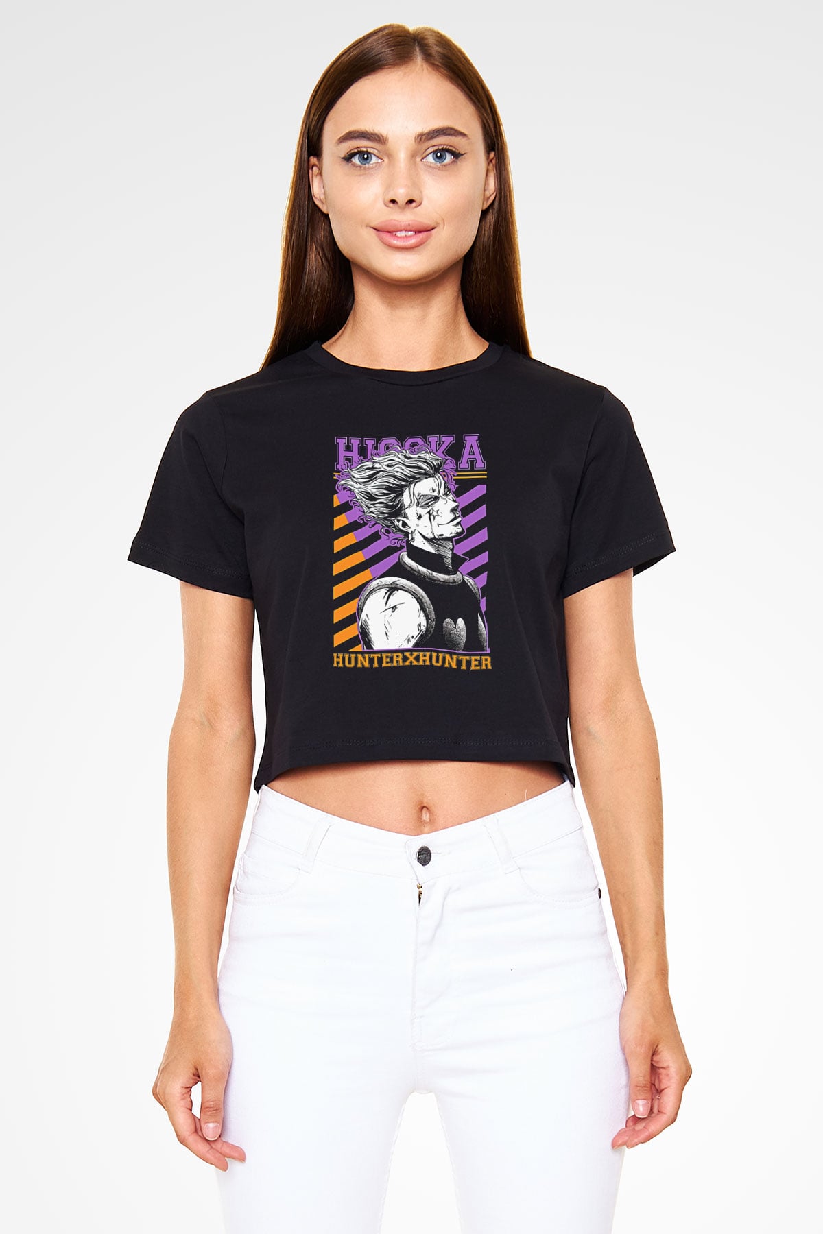 Hunter X Hunter Baskılı Siyah Crop Top Kadın Tişört - Tshirt