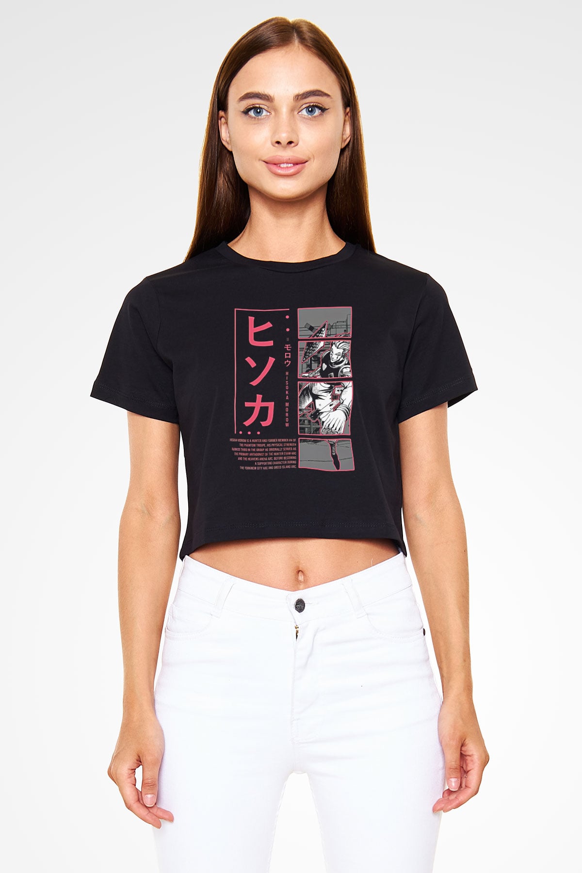 Hunter X Hunter Baskılı Siyah Crop Top Kadın Tişört - Tshirt