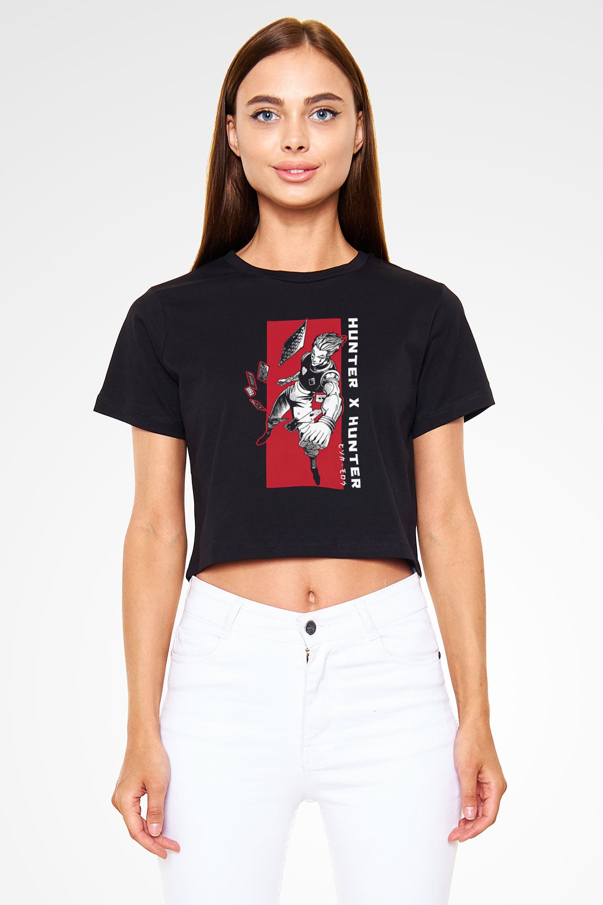 Hunter X Hunter Baskılı Siyah Crop Top Kadın Tişört - Tshirt