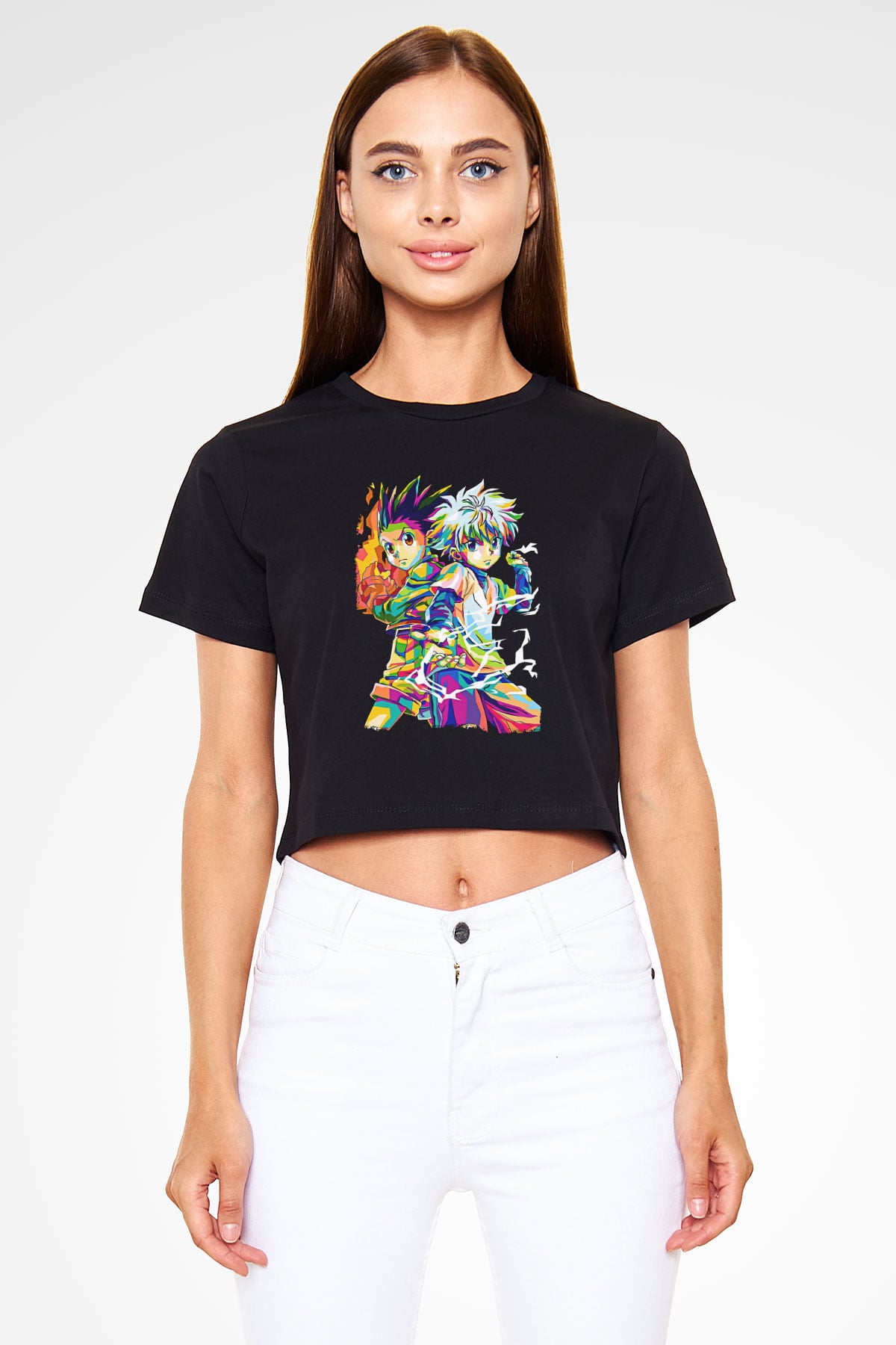 Hunter X Hunter Baskılı Siyah Crop Top Kadın Tişört - Tshirt