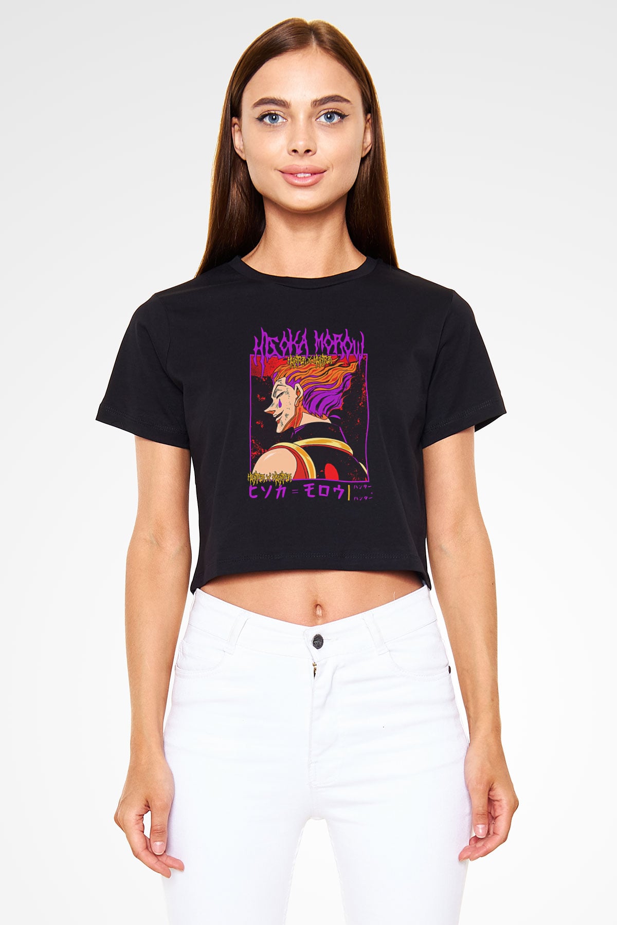 Hunter X Hunter Baskılı Siyah Crop Top Kadın Tişört - Tshirt