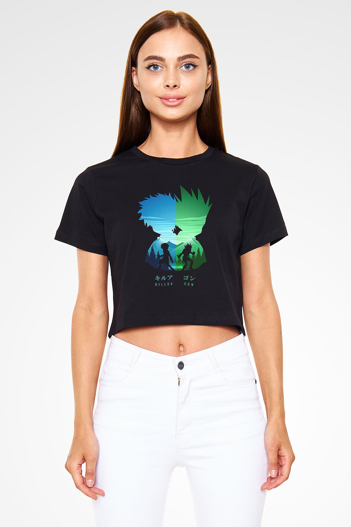 Hunter X Hunter Baskılı Siyah Crop Top Kadın Tişört - Tshirt
