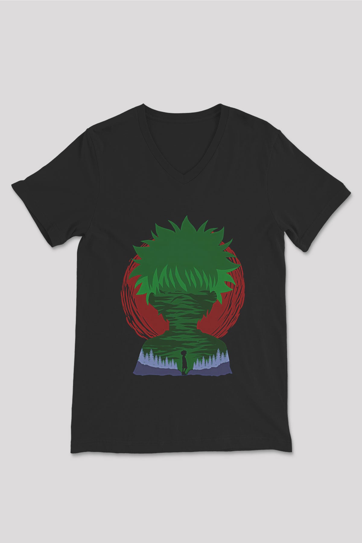 Hunter X Hunter Baskılı Unisex Siyah V Yaka Tişört - Tshirt