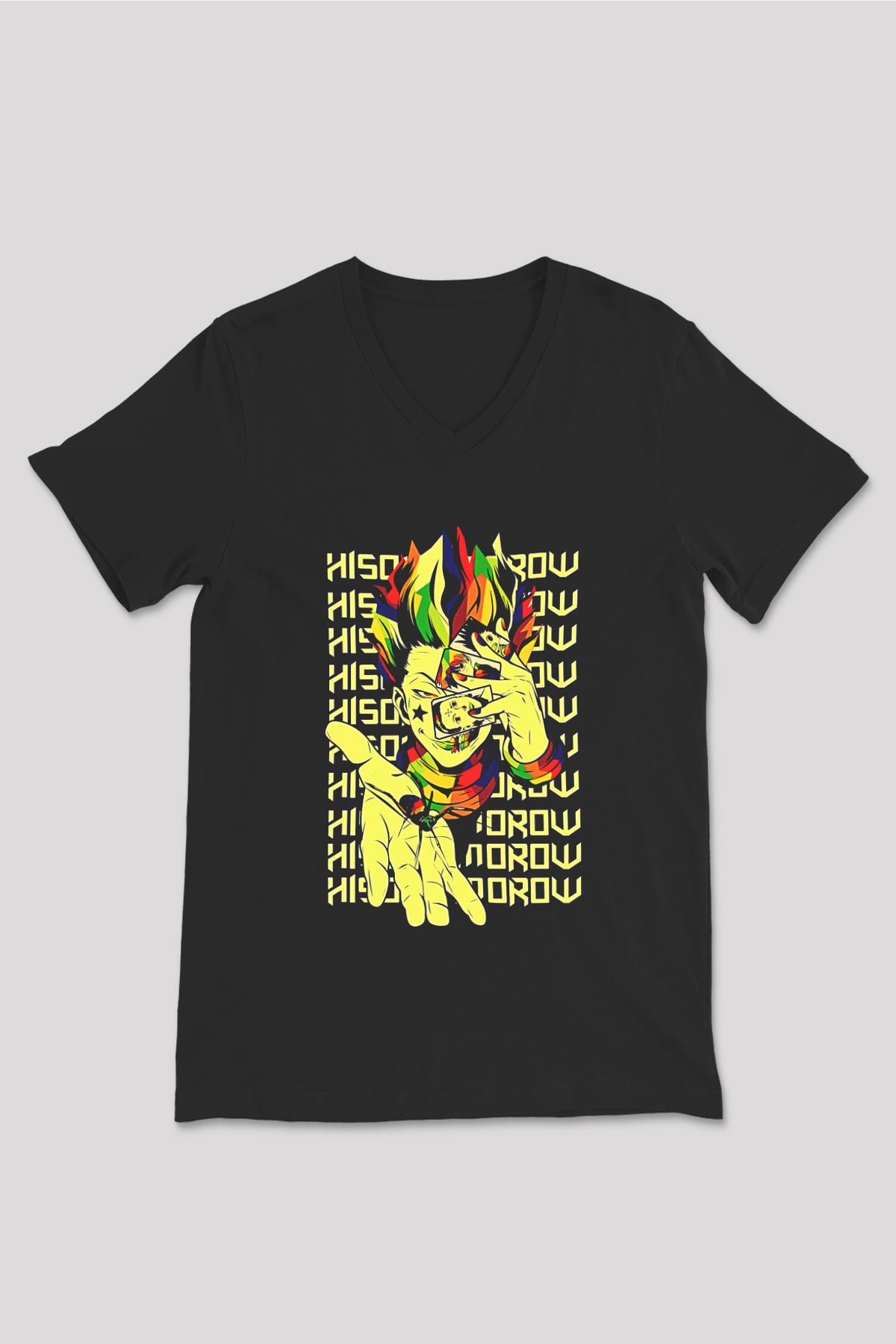 Hunter X Hunter Baskılı Unisex Siyah V Yaka Tişört - Tshirt