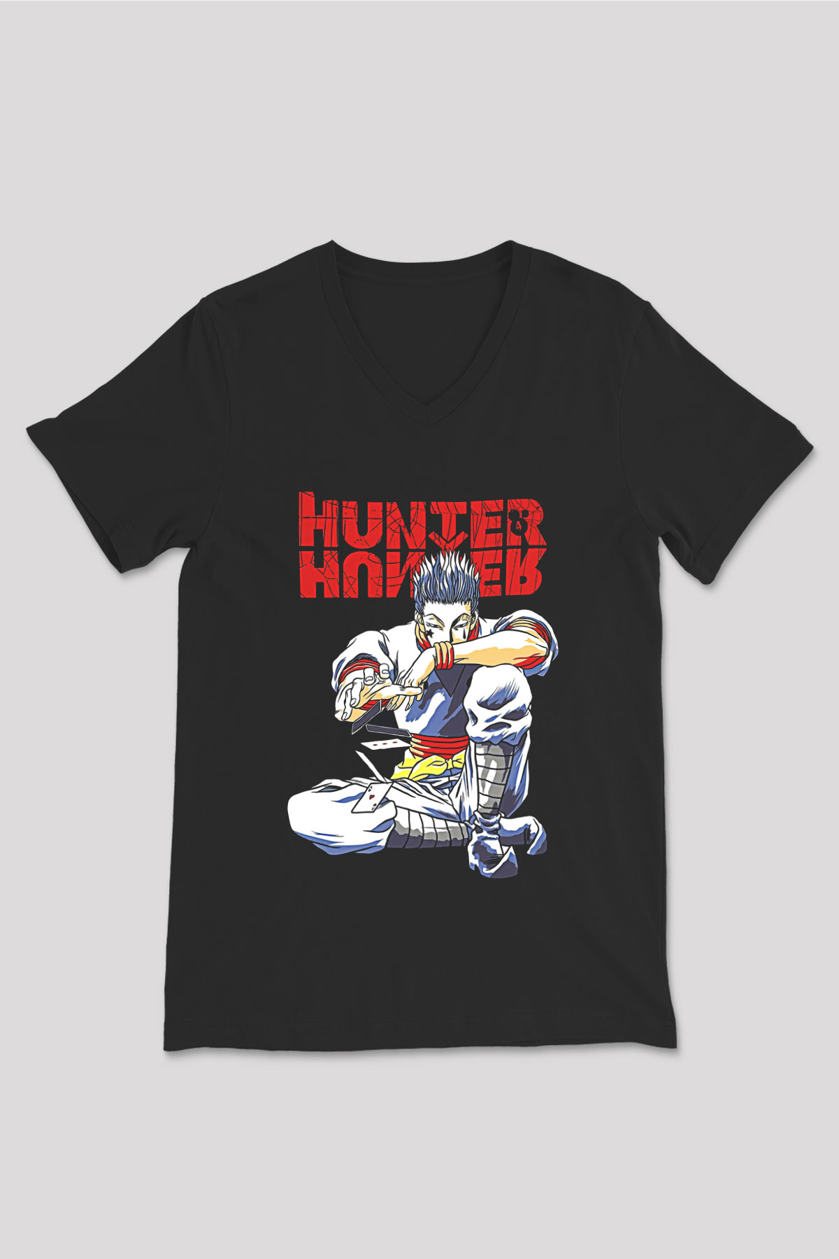 Hunter X Hunter Baskılı Unisex Siyah V Yaka Tişört - Tshirt