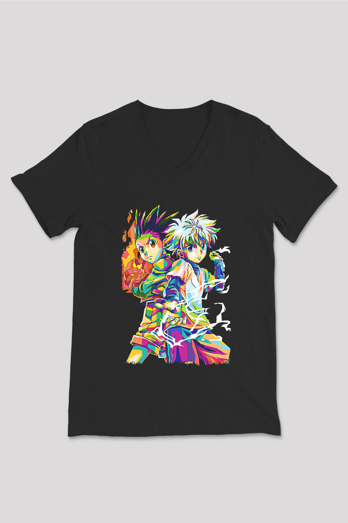 Hunter X Hunter Baskılı Unisex Siyah V Yaka Tişört - Tshirt