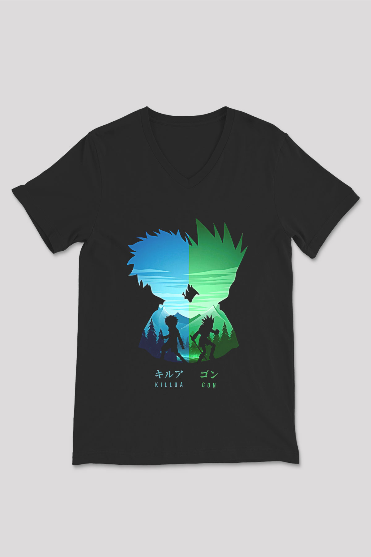 Hunter X Hunter Baskılı Unisex Siyah V Yaka Tişört - Tshirt