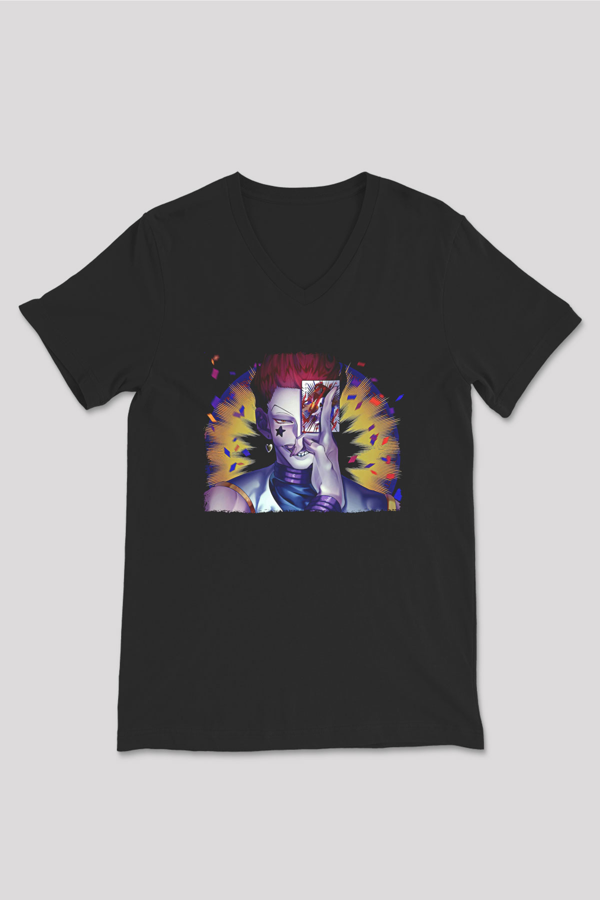 Hunter X Hunter Baskılı Unisex Siyah V Yaka Tişört - Tshirt